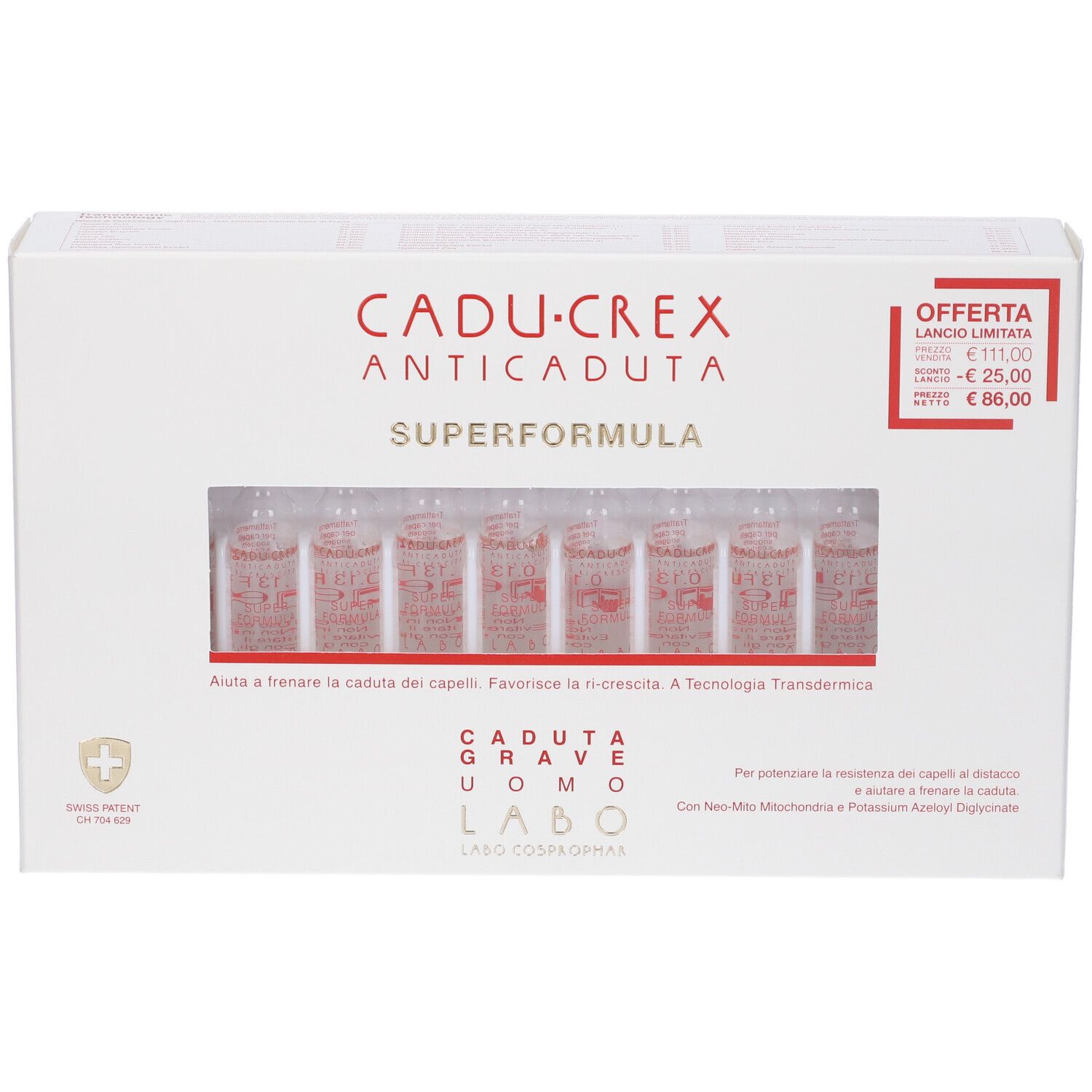 Scatola bianca con nome prodotto e fiale visibili. Etichetta prezzo offerta.