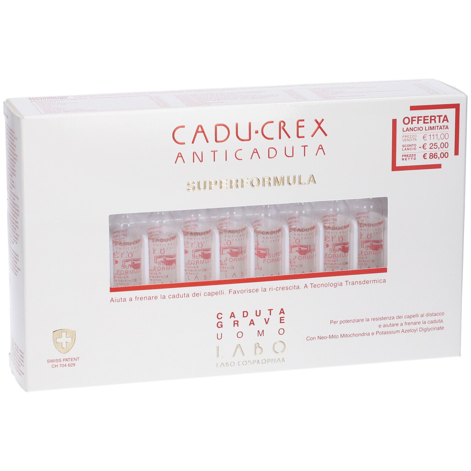 Scatola bianca con nome prodotto e fiale visibili. Etichetta prezzo offerta.