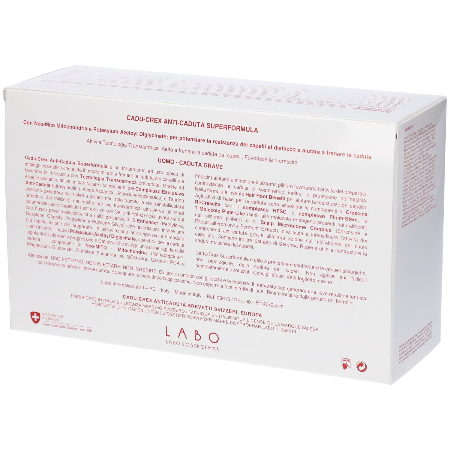 Confezione bianca con informazioni prodotto. Logo croce svizzera. Testo in italiano.