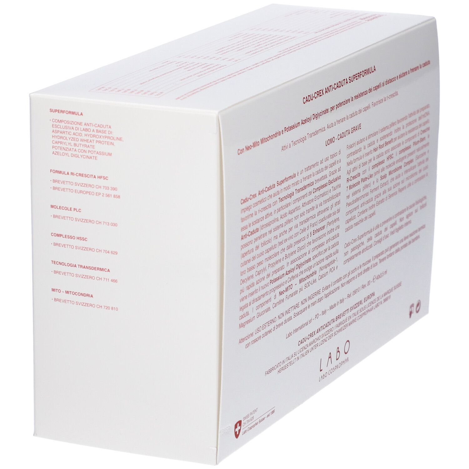 Confezione bianca con informazioni prodotto. Testo in italiano. Logo croce svizzera.