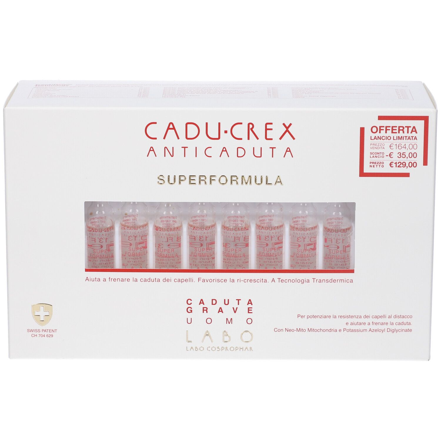 Confezione bianca con nome prodotto e fiale. Finestra trasparente mostra fiale. Logo croce svizzera.