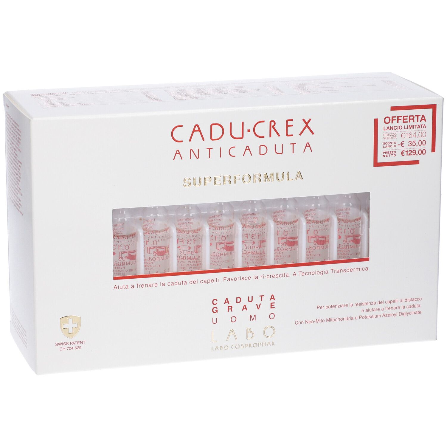 Confezione bianca con nome prodotto e fiale. Finestra trasparente mostra fiale. Logo croce svizzera.