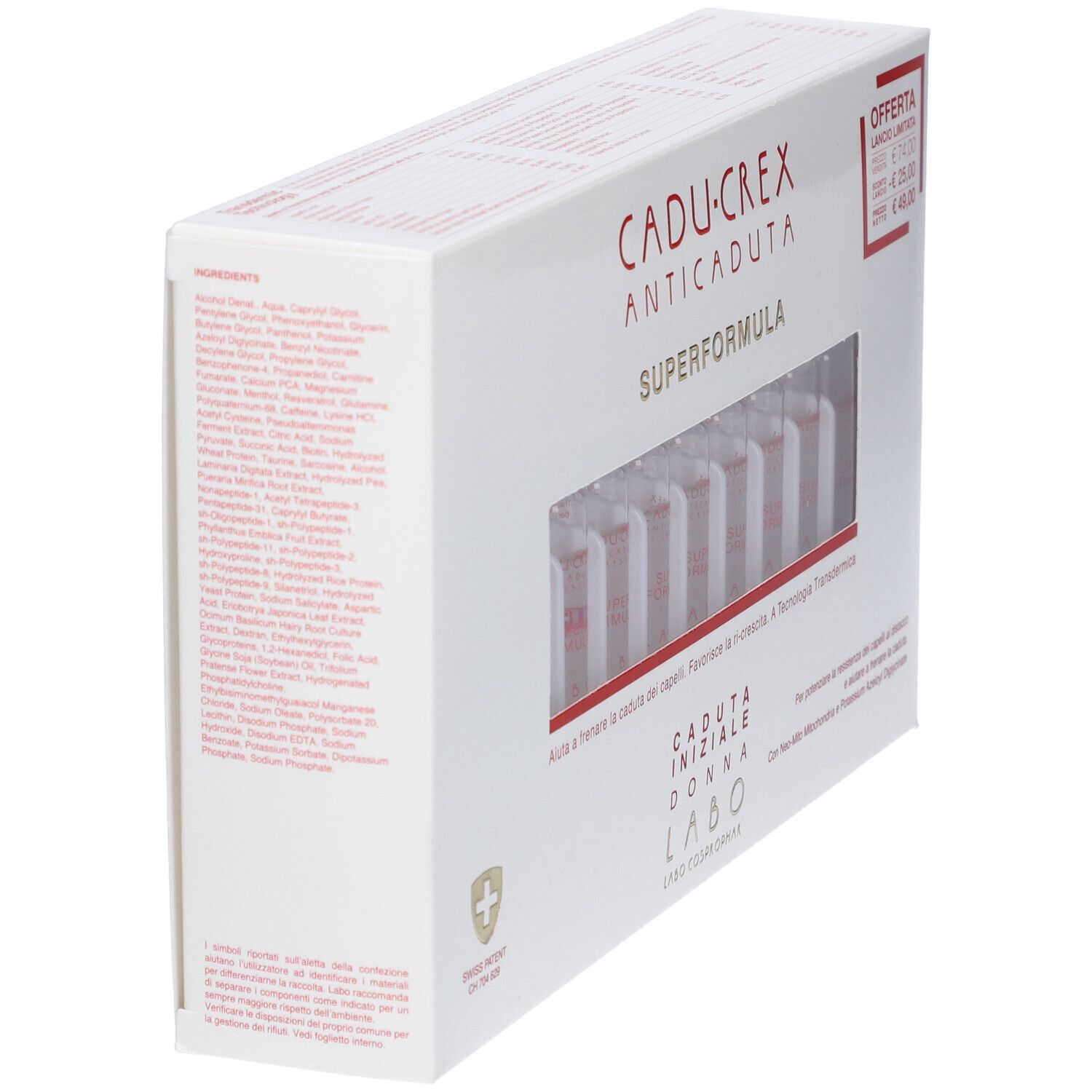 Confezione bianca con elenco ingredienti. Vista angolare. Logo croce svizzera.