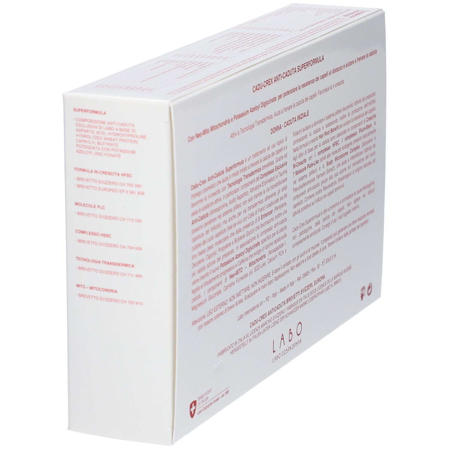 Confezione con testo. Vista angolare. Testo in italiano.