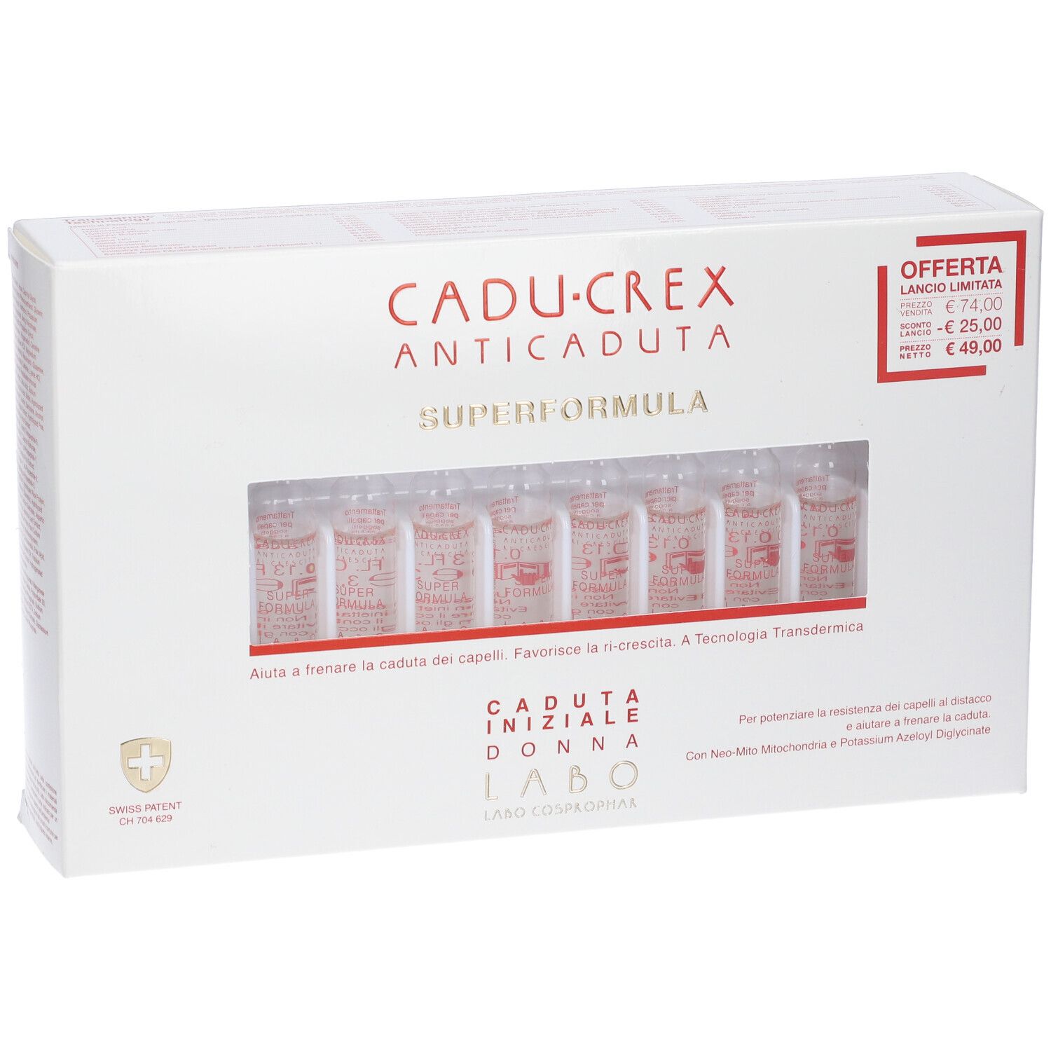 Confezione bianca con nome del prodotto e fiale visibili. Etichetta prezzo offerta. Fiale visibili all'interno.