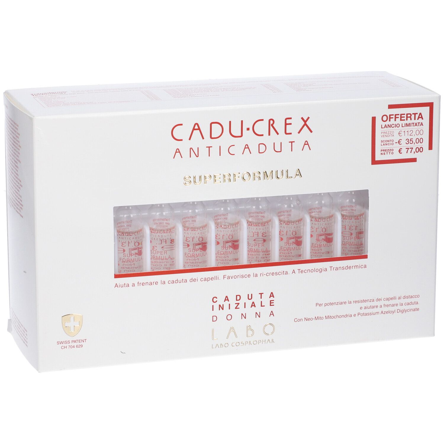 Scatola bianca con nome prodotto e fiale. Scritta rossa. Croce svizzera. Prezzo offerta.