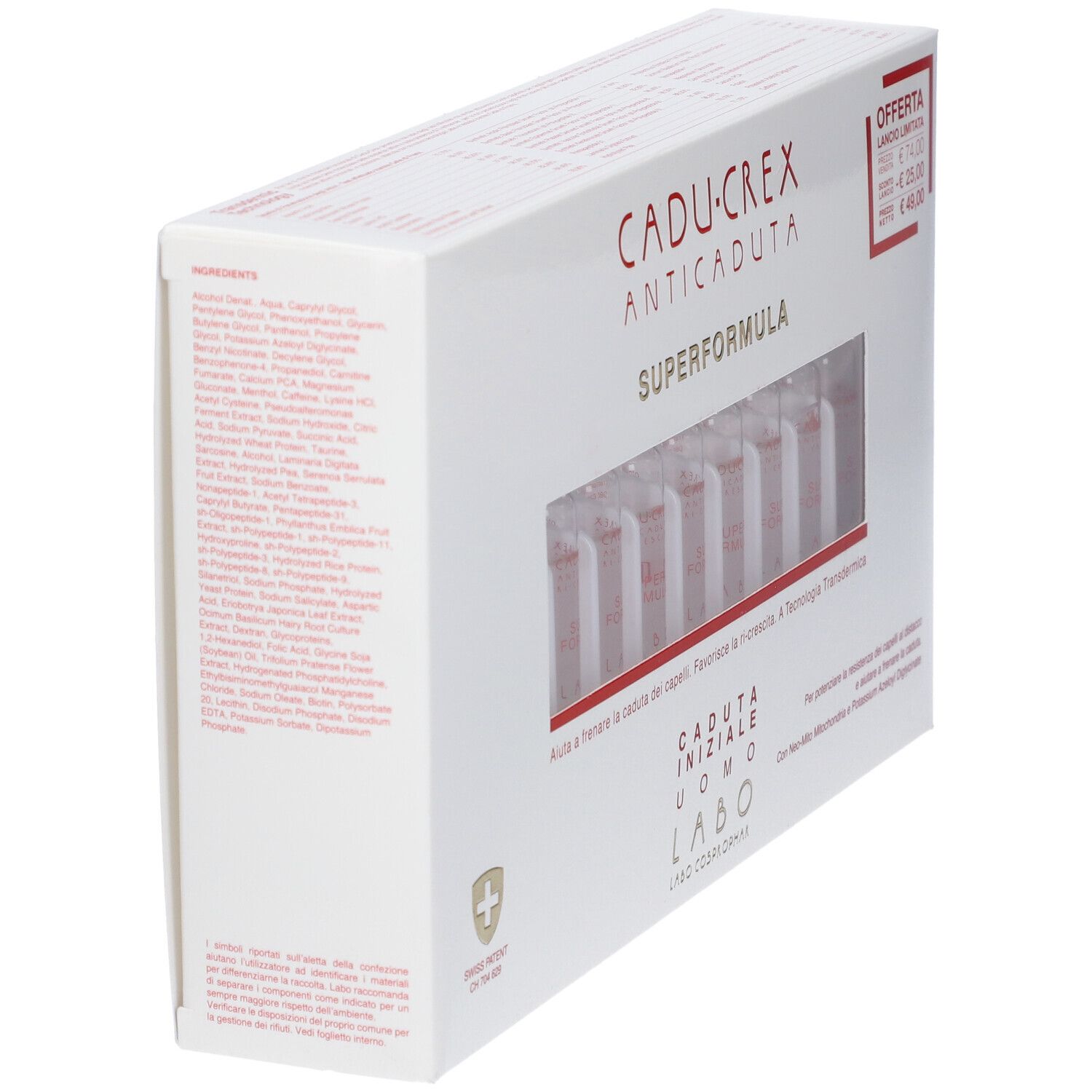 Scatola bianca inclinata. Scritto: CADU-CREX ANTICADUTA SUPERFORMULA. Lista ingredienti sul lato.