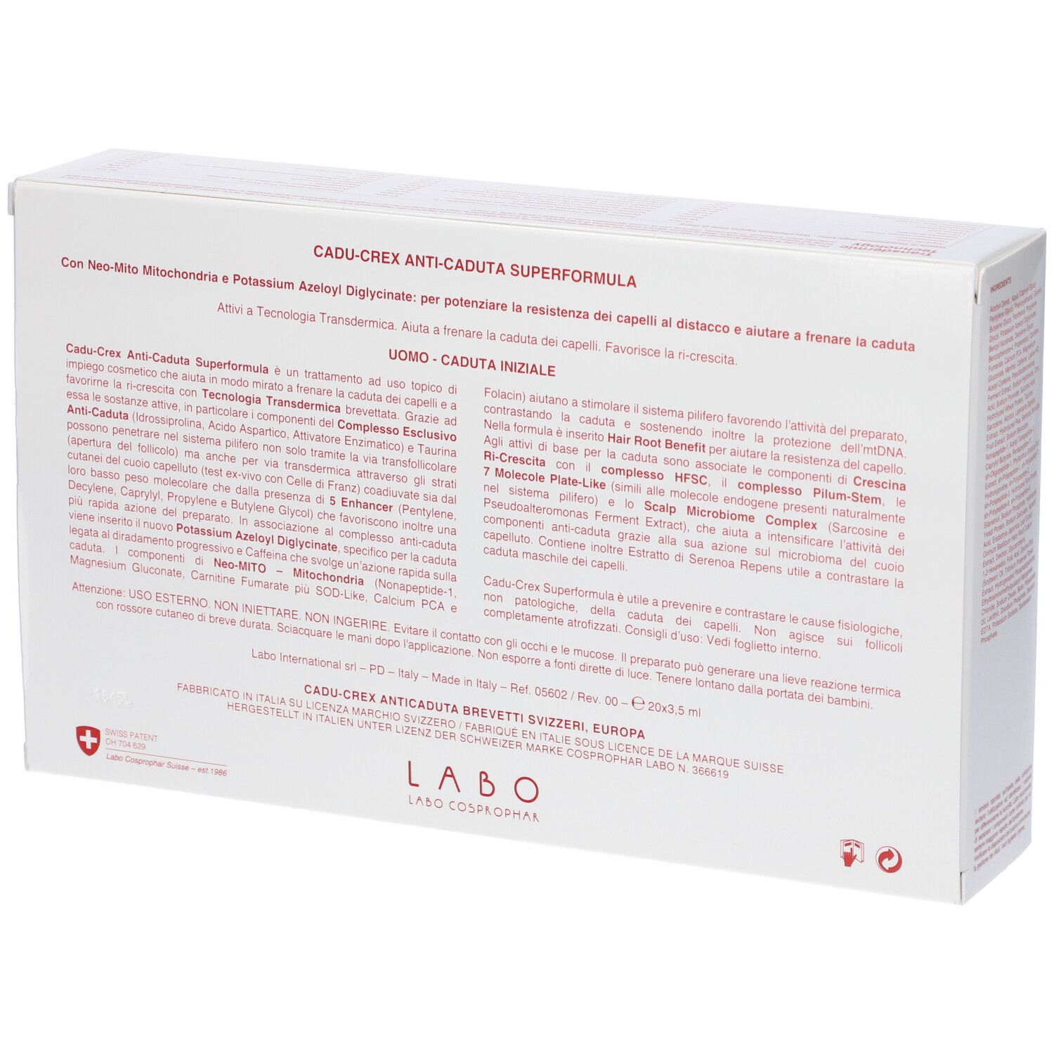 Retro della scatola bianca. Testo: CADU-CREX ANTICADUTA SUPERFORMULA. Informazioni sul prodotto.