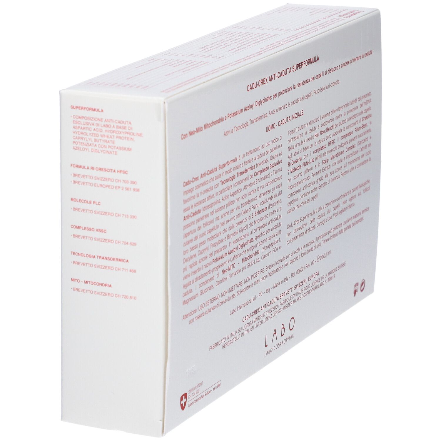 Scatola bianca inclinata. Testo: CADU-CREX ANTICADUTA SUPERFORMULA. Informazioni sul prodotto.