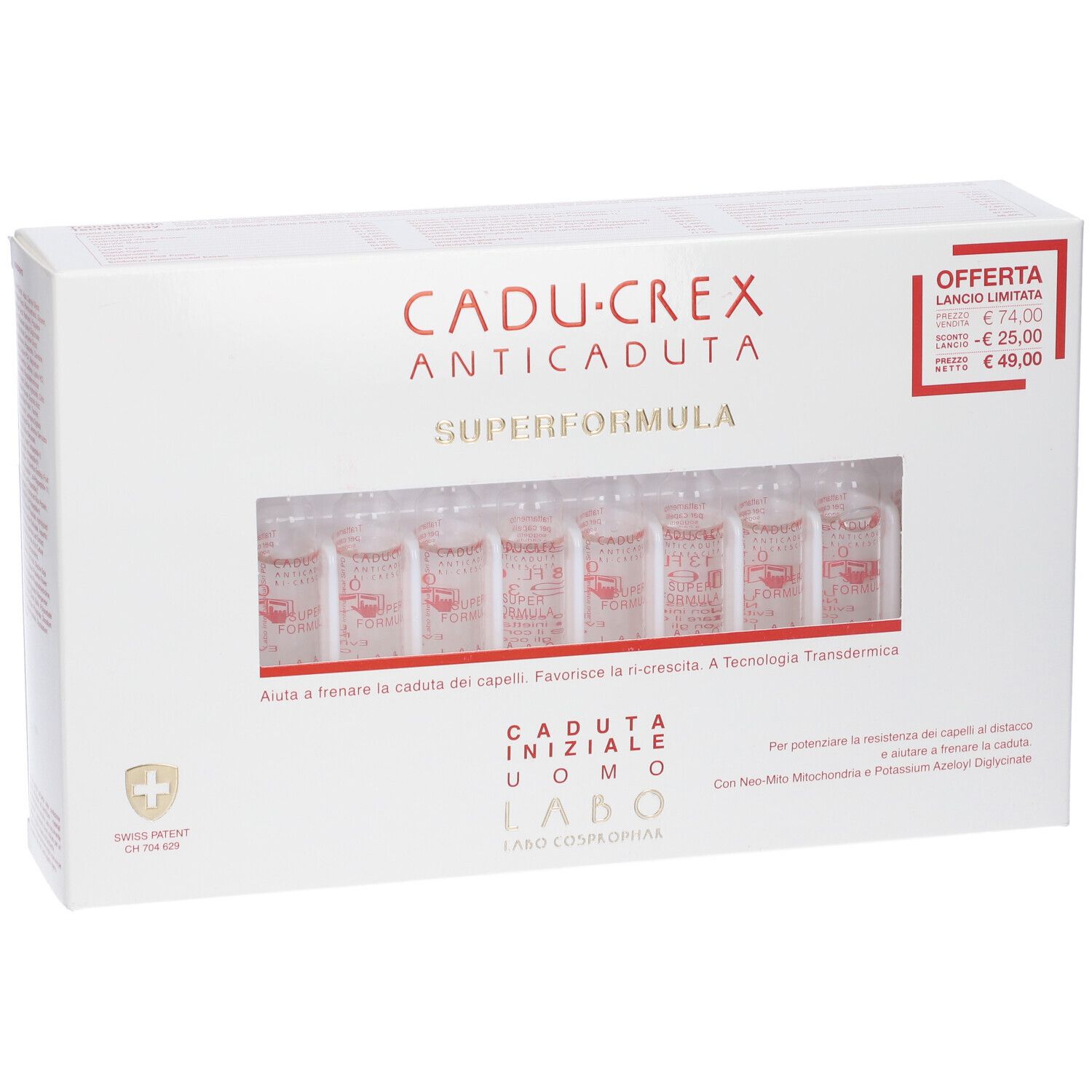 Scatola bianca con fiale. Scritto: CADU-CREX ANTICADUTA SUPERFORMULA. Fiale visibili.