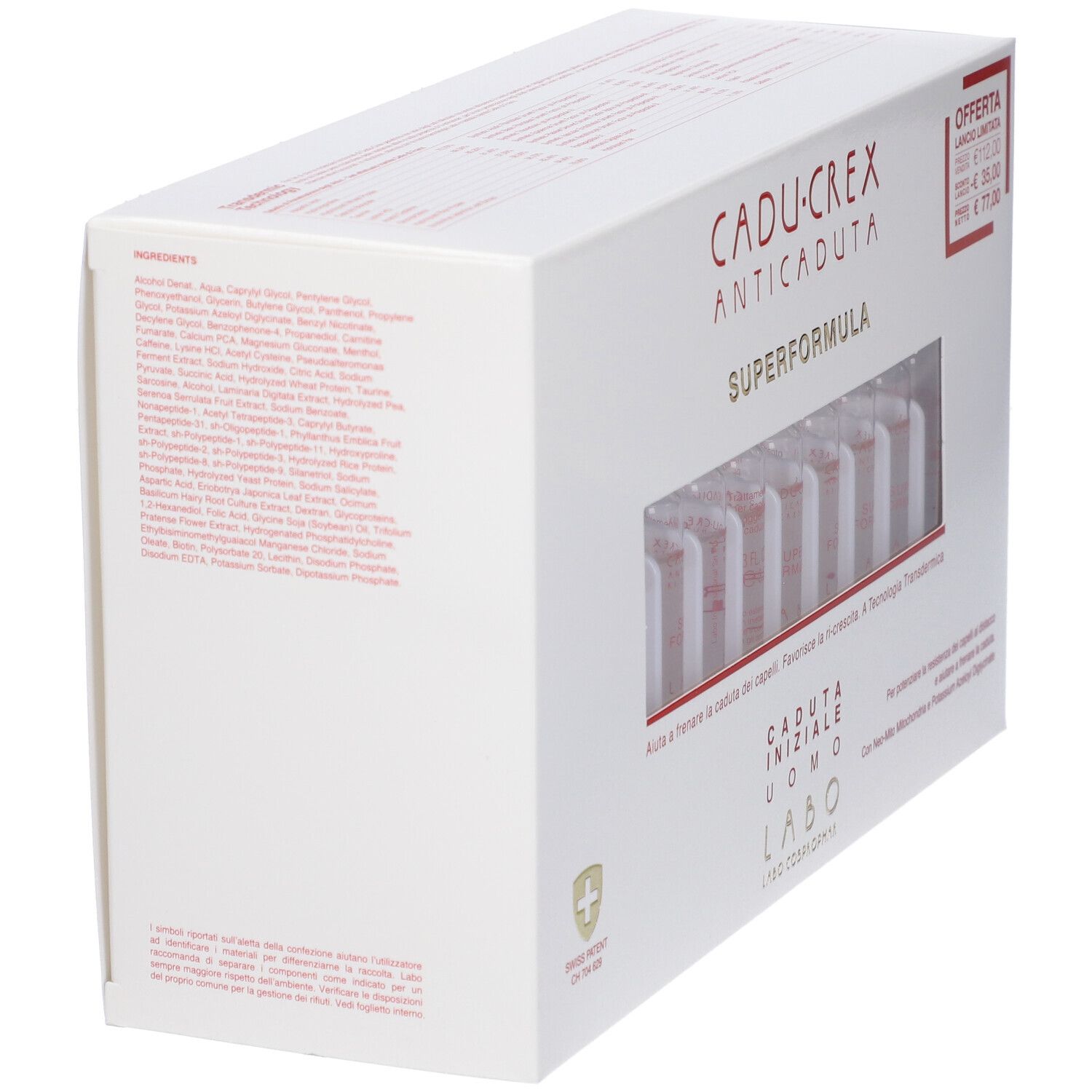 Confezione bianca, vista obliqua. Testo: Cadu-Crex, Superformula, Caduta Iniziale Uomo. Elenco ingredienti sul lato.