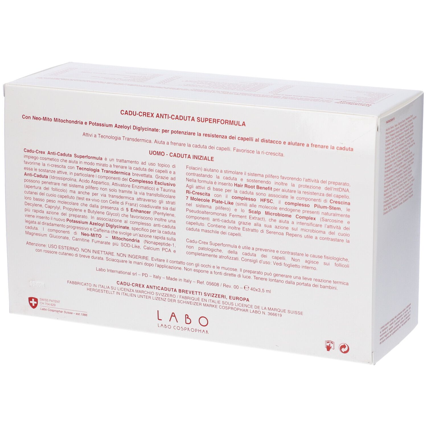 Retro della confezione bianca. Testo: Cadu-Crex Anti-Caduta Superformula. Informazioni e ingredienti.