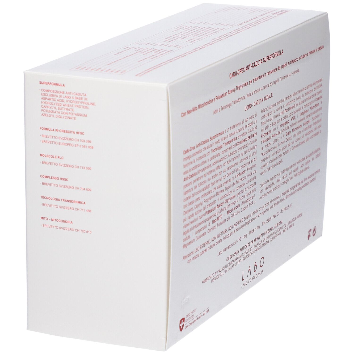 Vista obliqua della confezione bianca. Testo: Cadu-Crex Anti-Caduta Superformula. Informazioni e ingredienti.