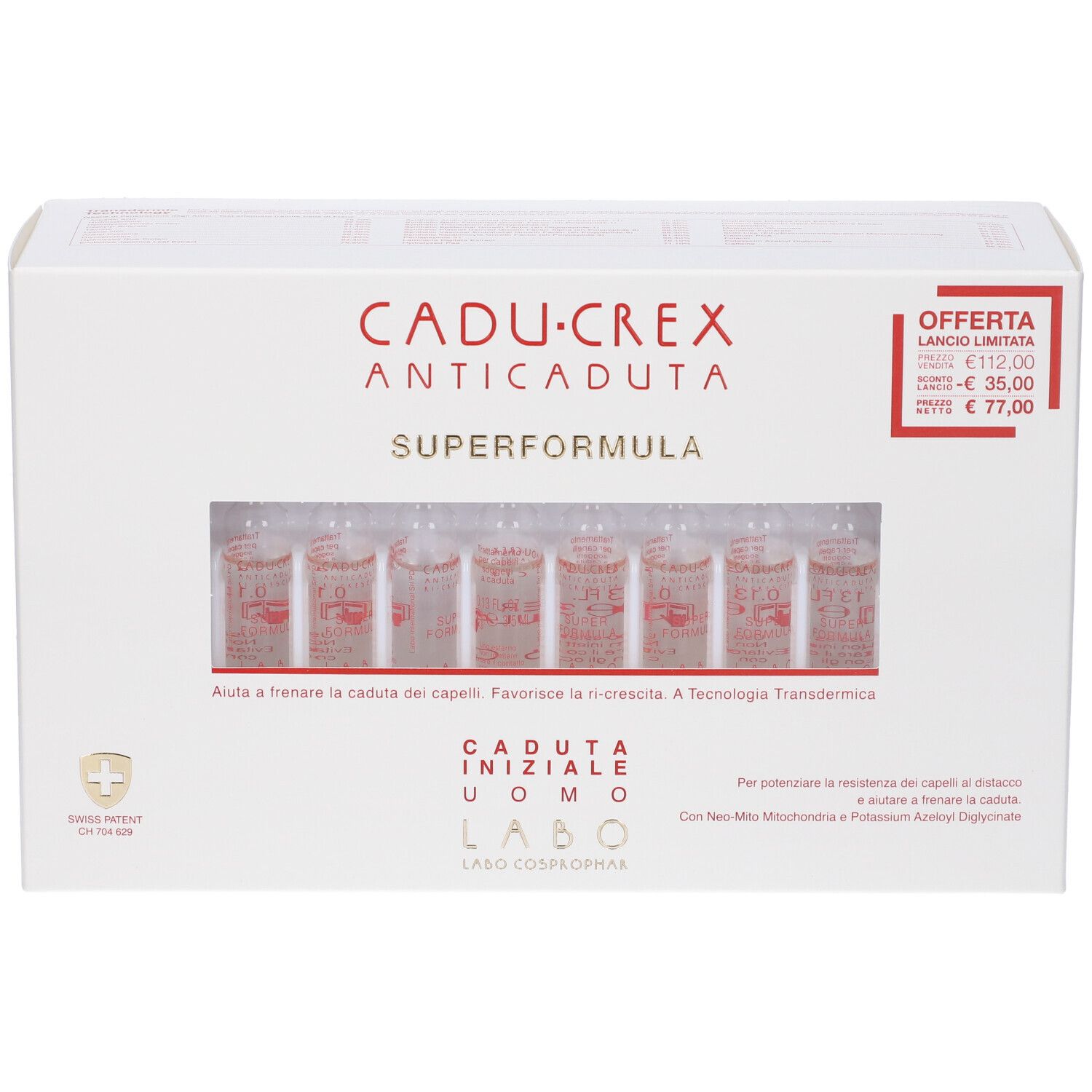 Confezione bianca con nome del prodotto e fiale visibili. Fiale in una scatola. Testo: Cadu-Crex, Superformula, Caduta Iniziale Uomo.