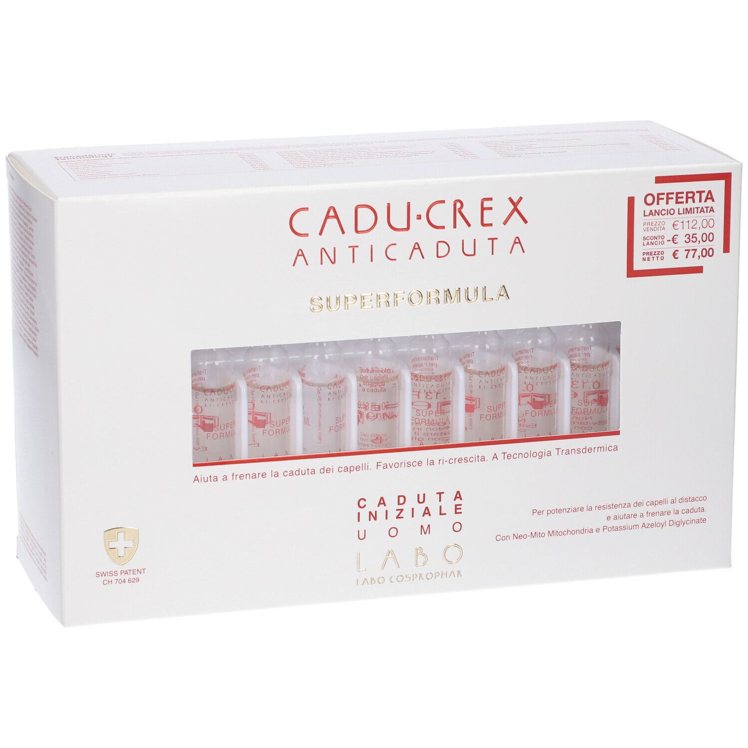 Confezione bianca con nome del prodotto e fiale visibili. Fiale in una scatola. Testo: Cadu-Crex, Superformula, Caduta Iniziale Uomo.