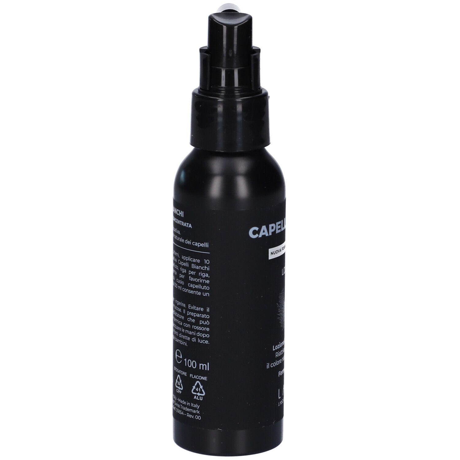 Flacone nero con erogatore. Scritta: Capelli Bianchi Lozione. Testo e indicazione volume.