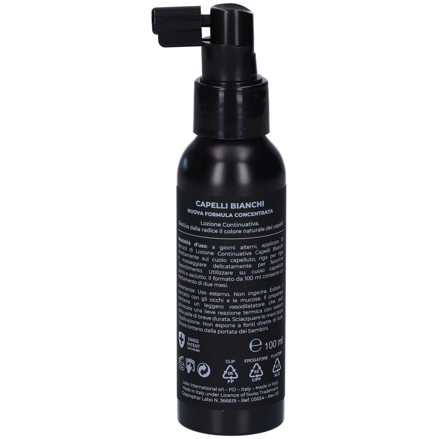 Flacone nero con erogatore. Scritta: Capelli Bianchi Lozione. Testo e loghi.