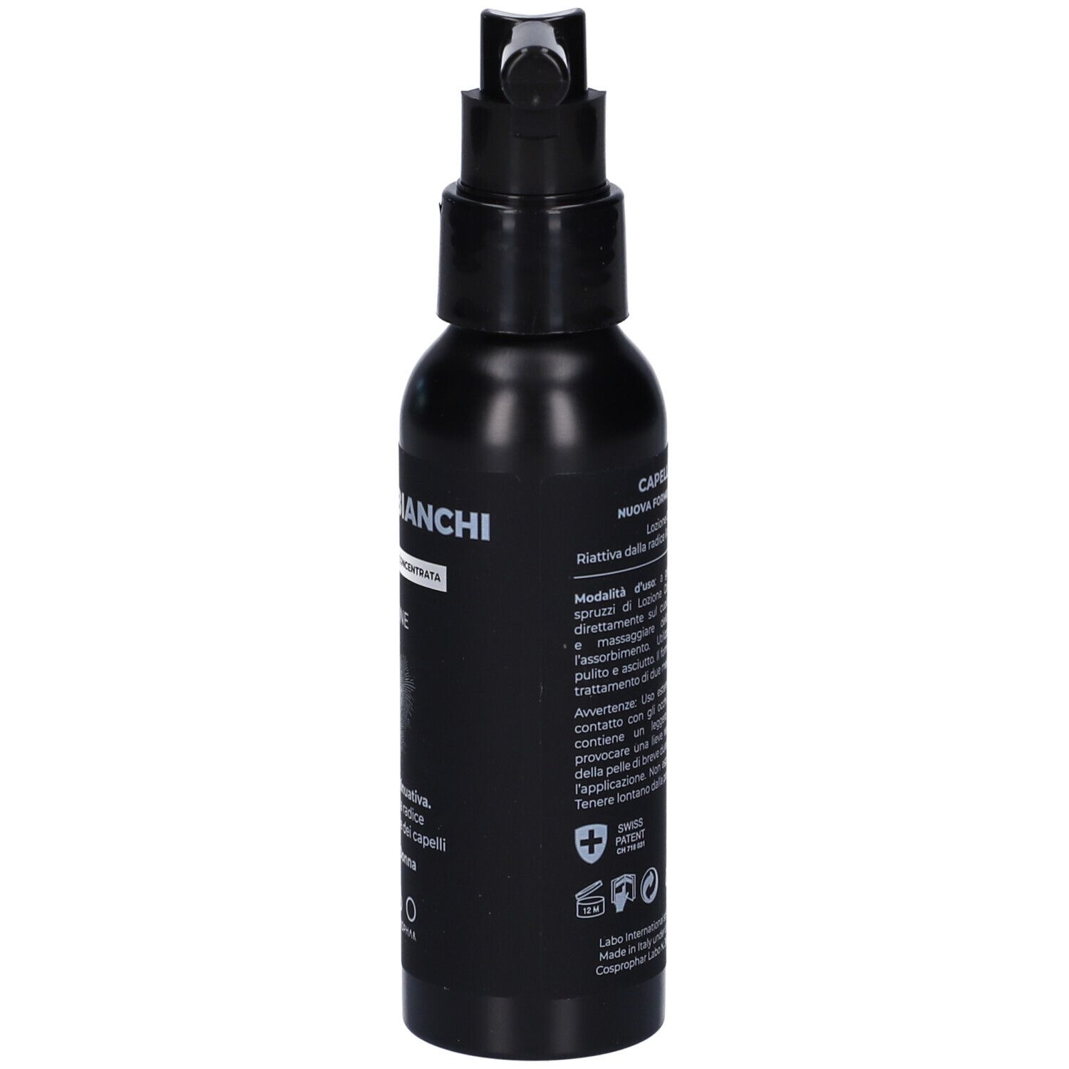 Flacone nero con erogatore. Scritta: Capelli Bianchi Lozione. Testo e loghi.