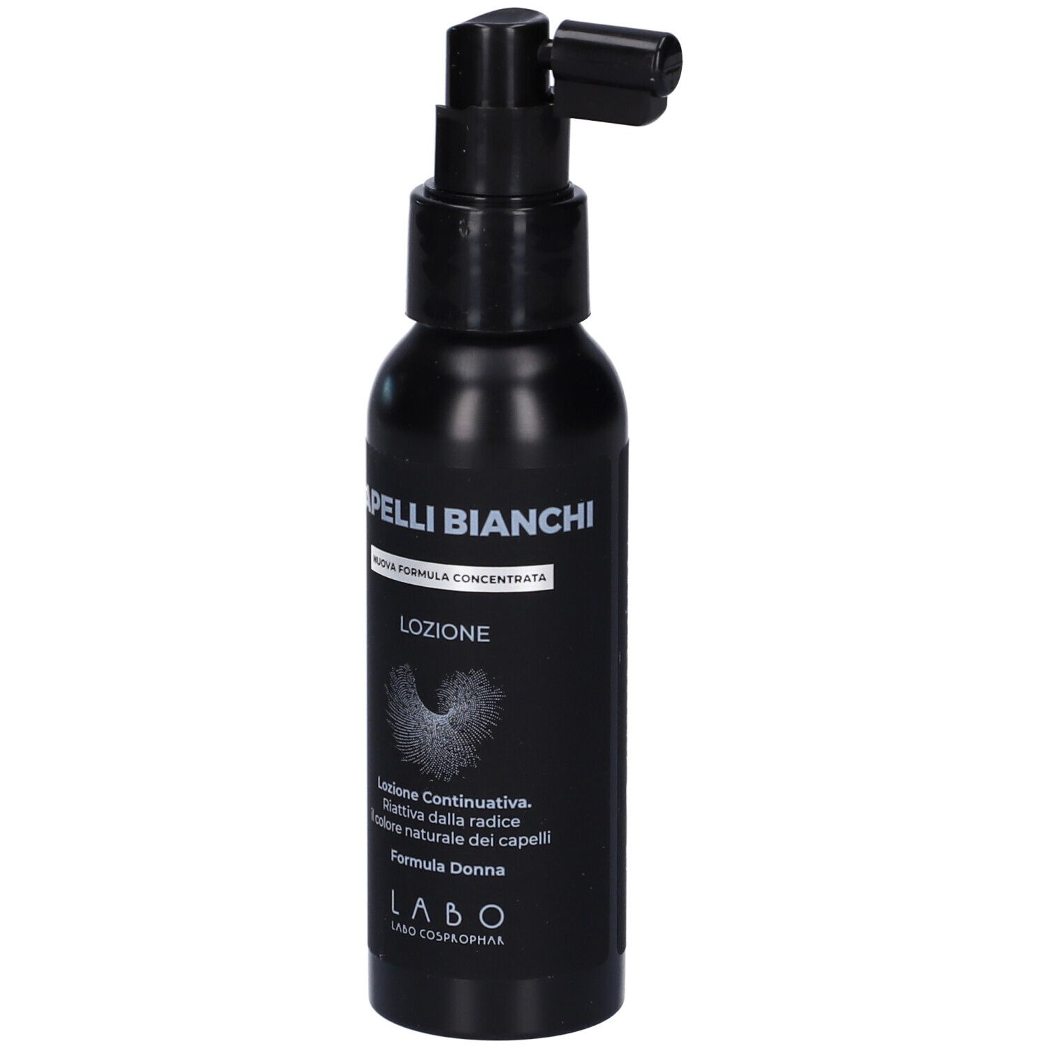 Flacone nero con erogatore. Scritta: Capelli Bianchi Lozione. Prodotto per donne.