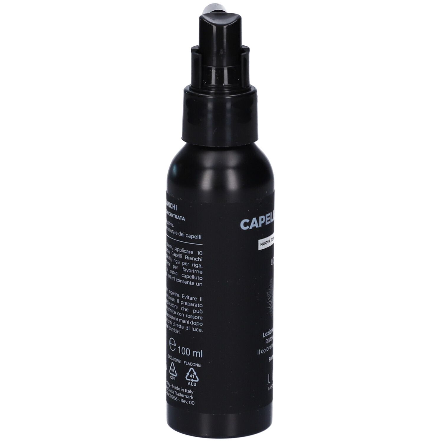 Flacone nero con erogatore. Scritte: CAPELLI BIANCHI, LOZIONE. Testo e simboli.