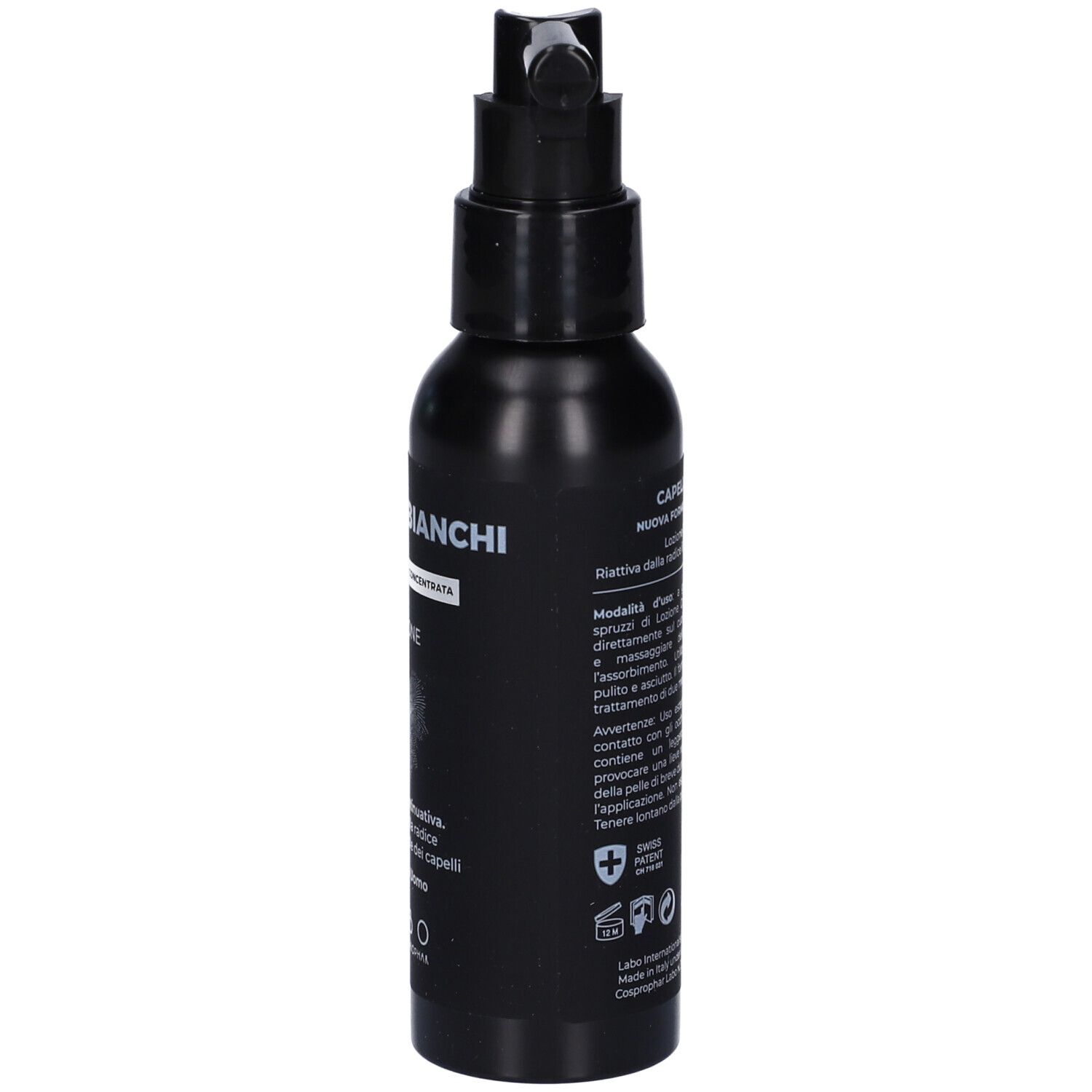Flacone nero con erogatore. Scritte: CAPELLI BIANCHI, LOZIONE. Testo e simboli.