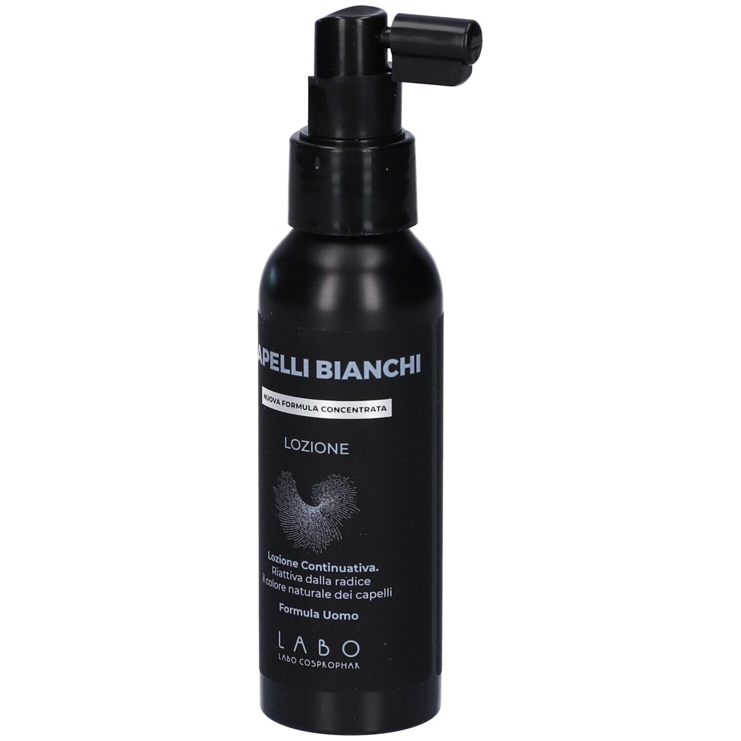 Flacone nero con erogatore. Scritte: CAPELLI BIANCHI, LOZIONE. Testo e logo.
