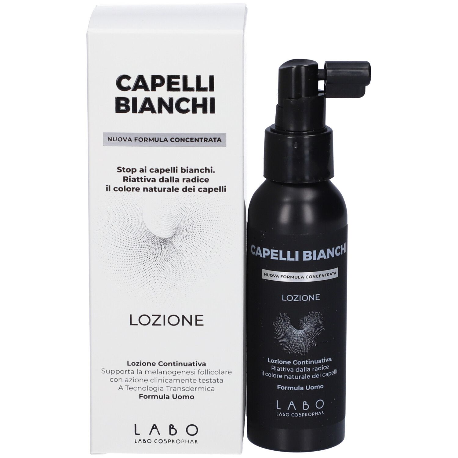 Confezione e flacone. Scritte: CAPELLI BIANCHI, LOZIONE. Testo e logo.