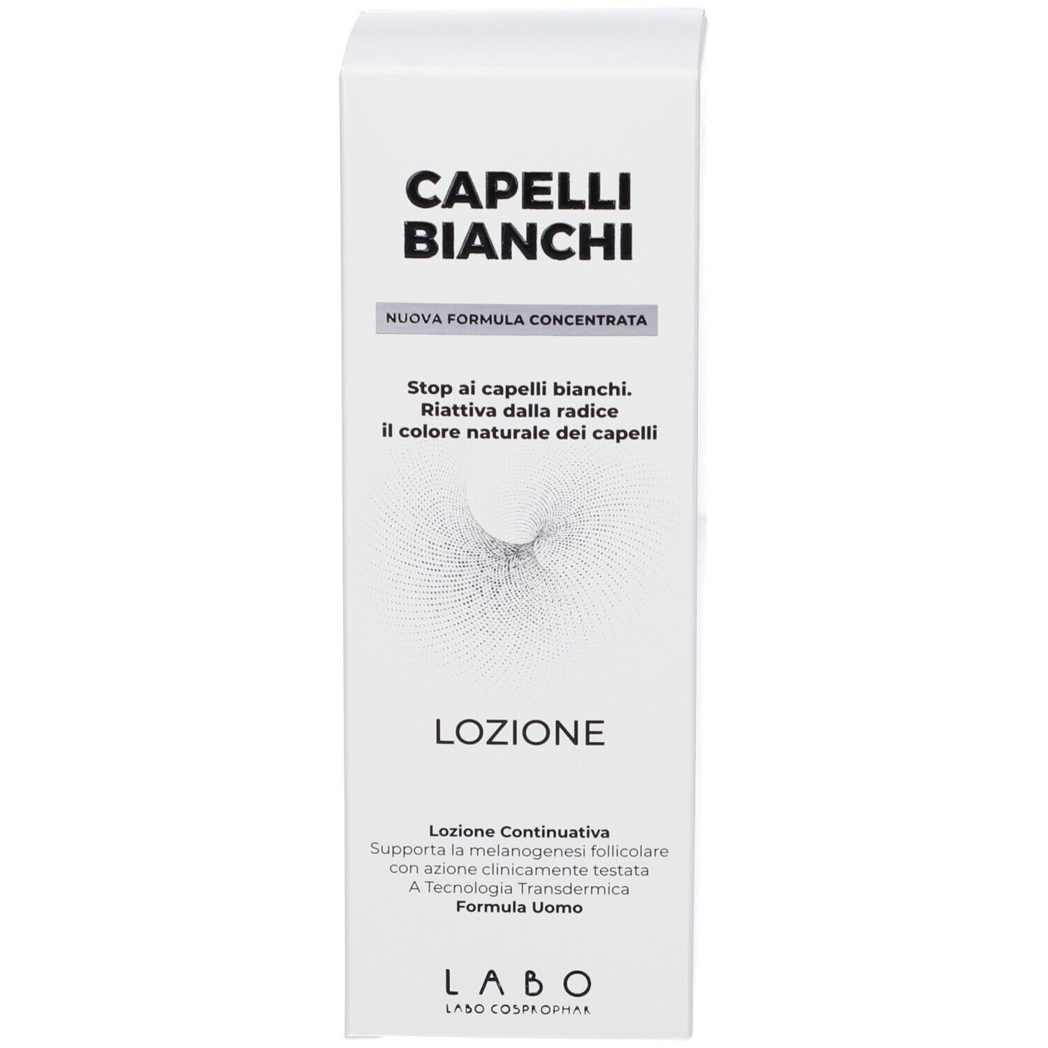 Confezione bianca. Scritte: CAPELLI BIANCHI, LOZIONE. Testo e logo.