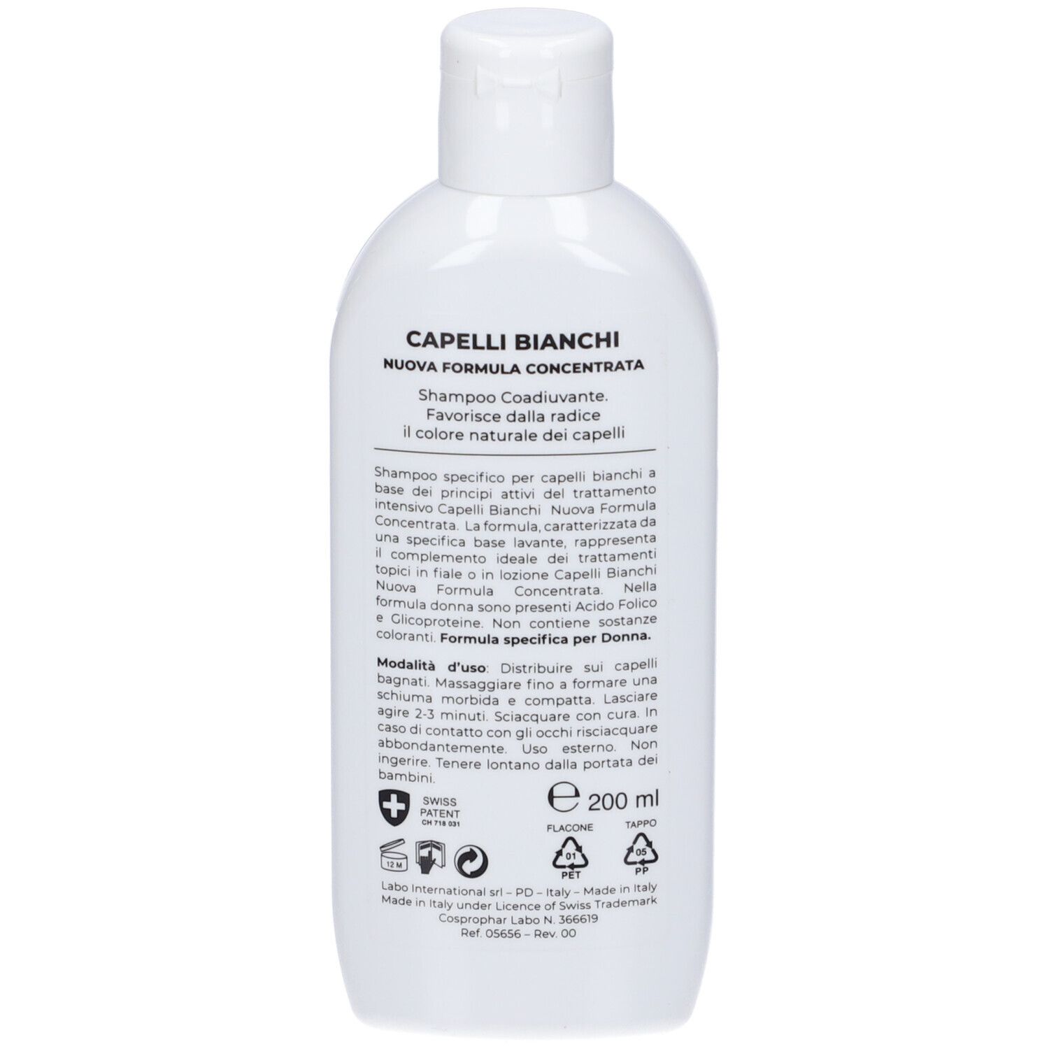 Retro di un flacone di shampoo bianco. Testo: Capelli Bianchi, ingredienti, istruzioni per l'uso, 200 ml, Swiss Patent.