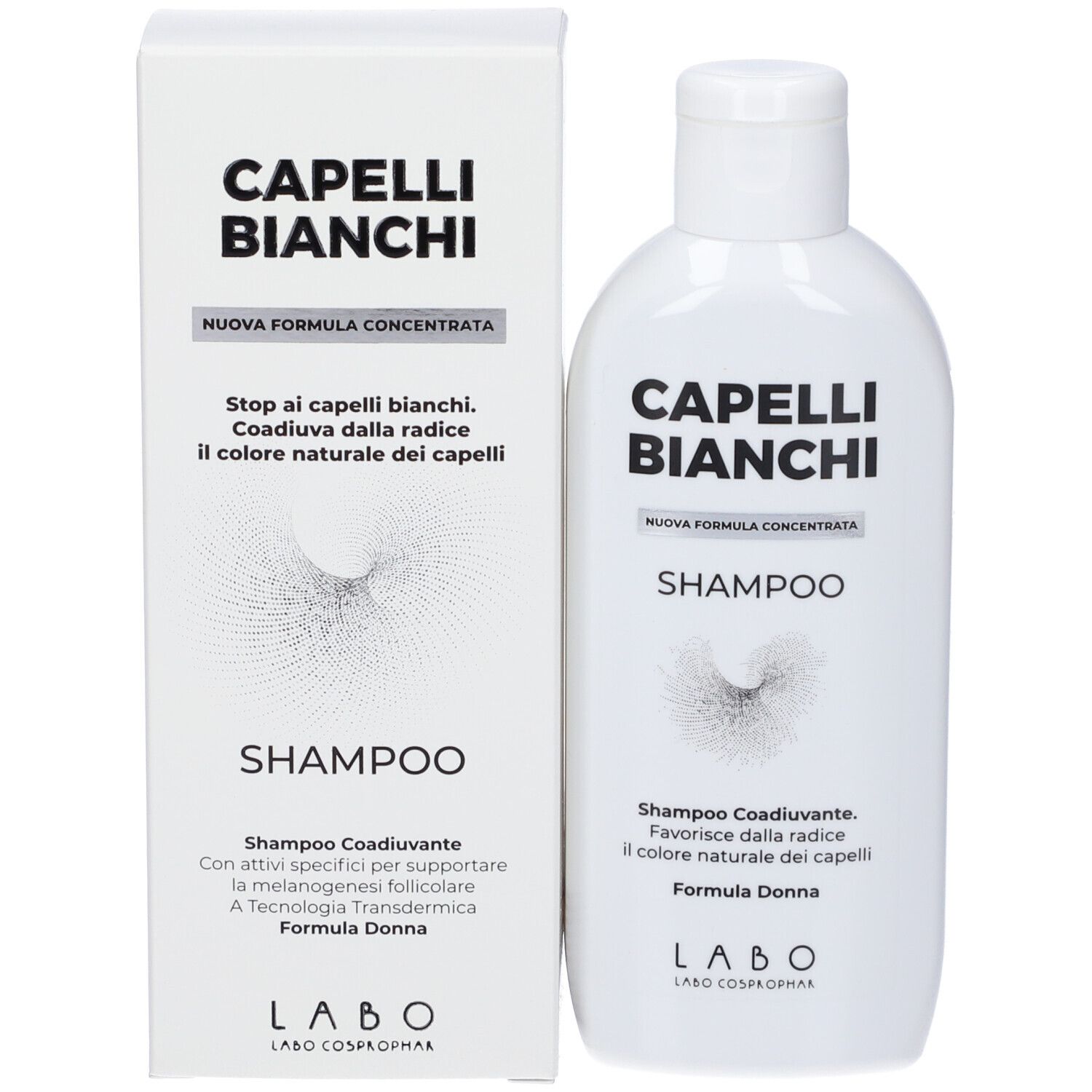 Confezione del prodotto con flacone di shampoo. Testo: Capelli Bianchi, Shampoo, Formula Donna. Logo Labo. Scatola bianca.