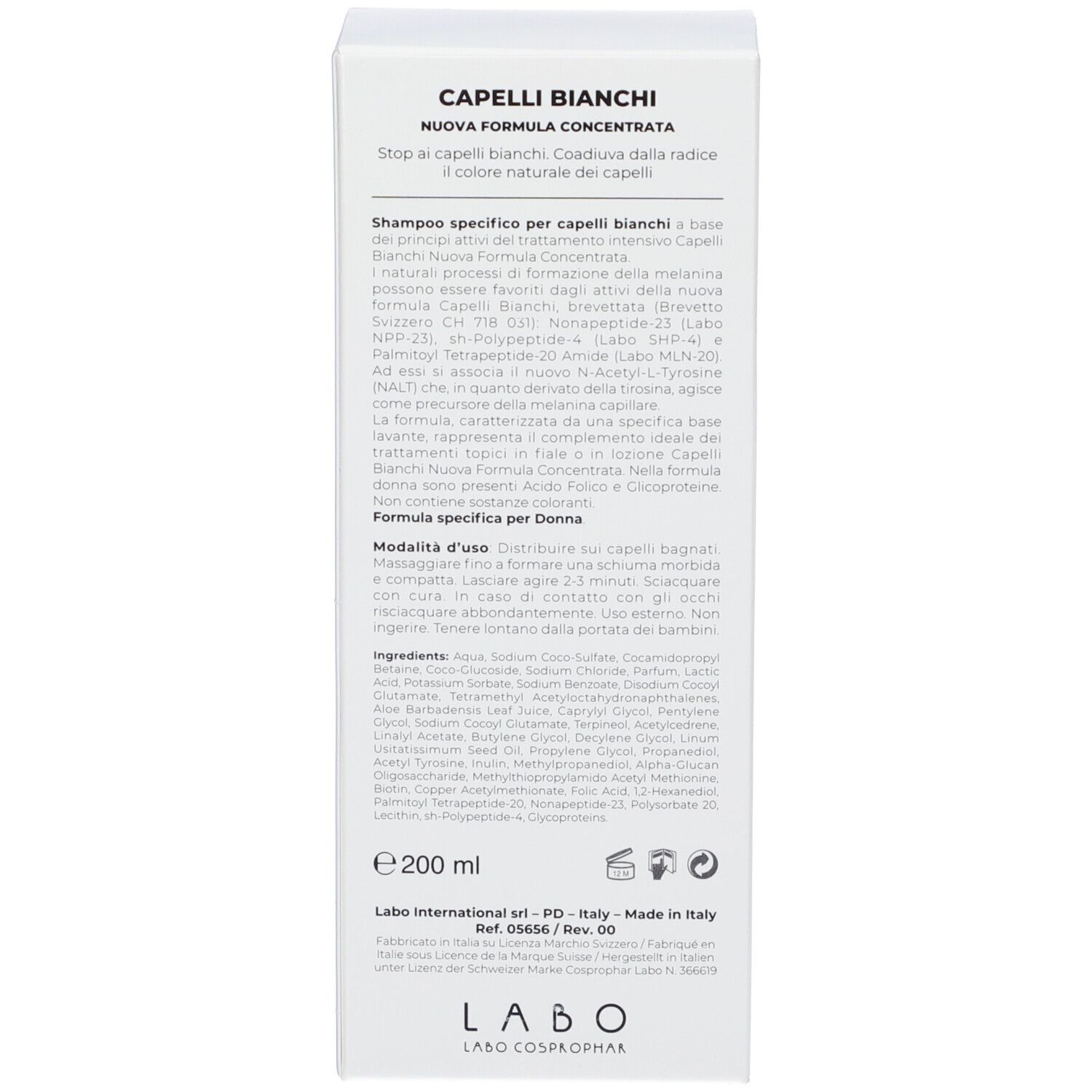 Retro della confezione del prodotto. Testo: Capelli Bianchi, ingredienti, istruzioni per l'uso, 200 ml.