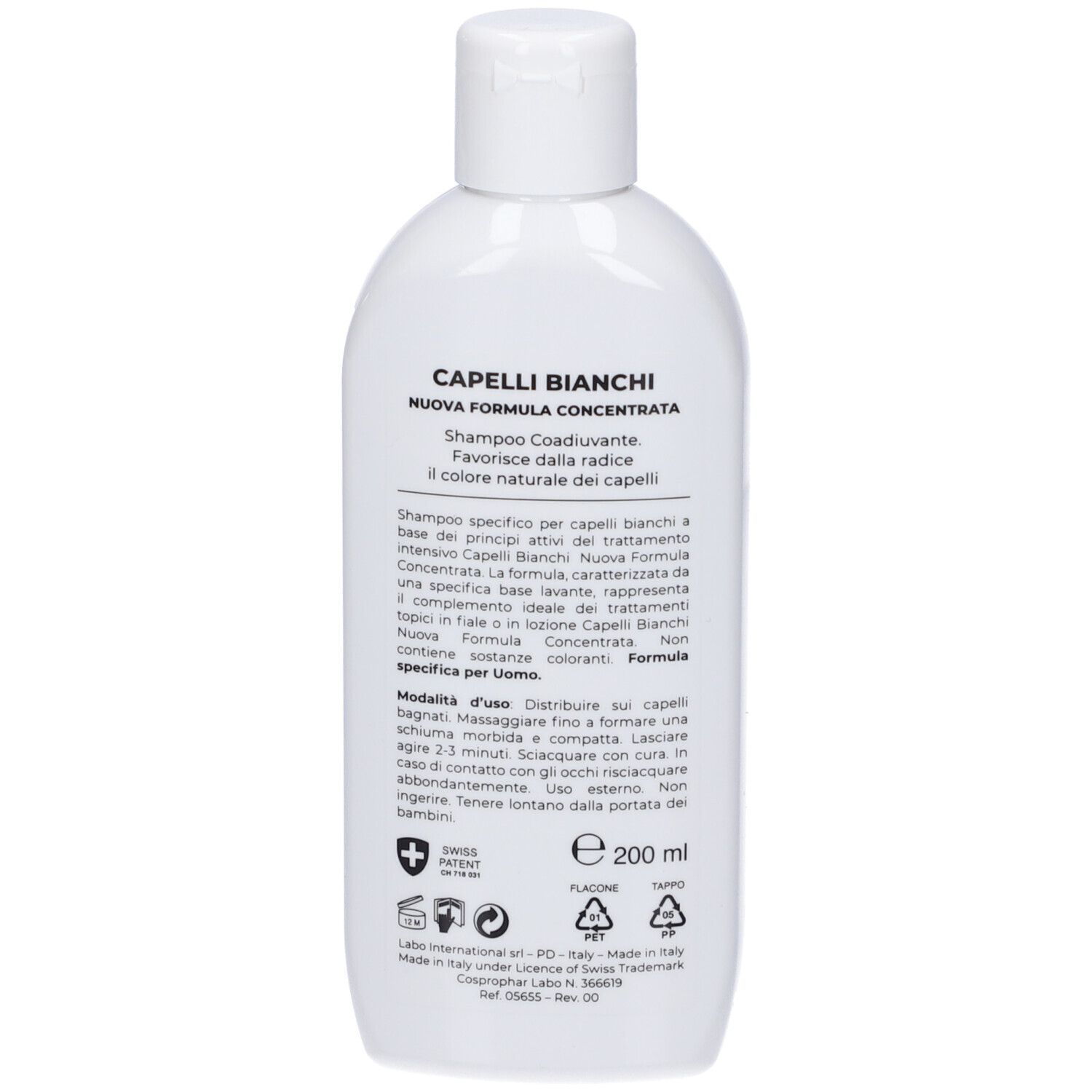Retro di un flacone bianco. Testo: CAPELLI BIANCHI, Shampoo Coadiuvante. Testi e loghi. Volume: 200 ml. Swiss Patent.