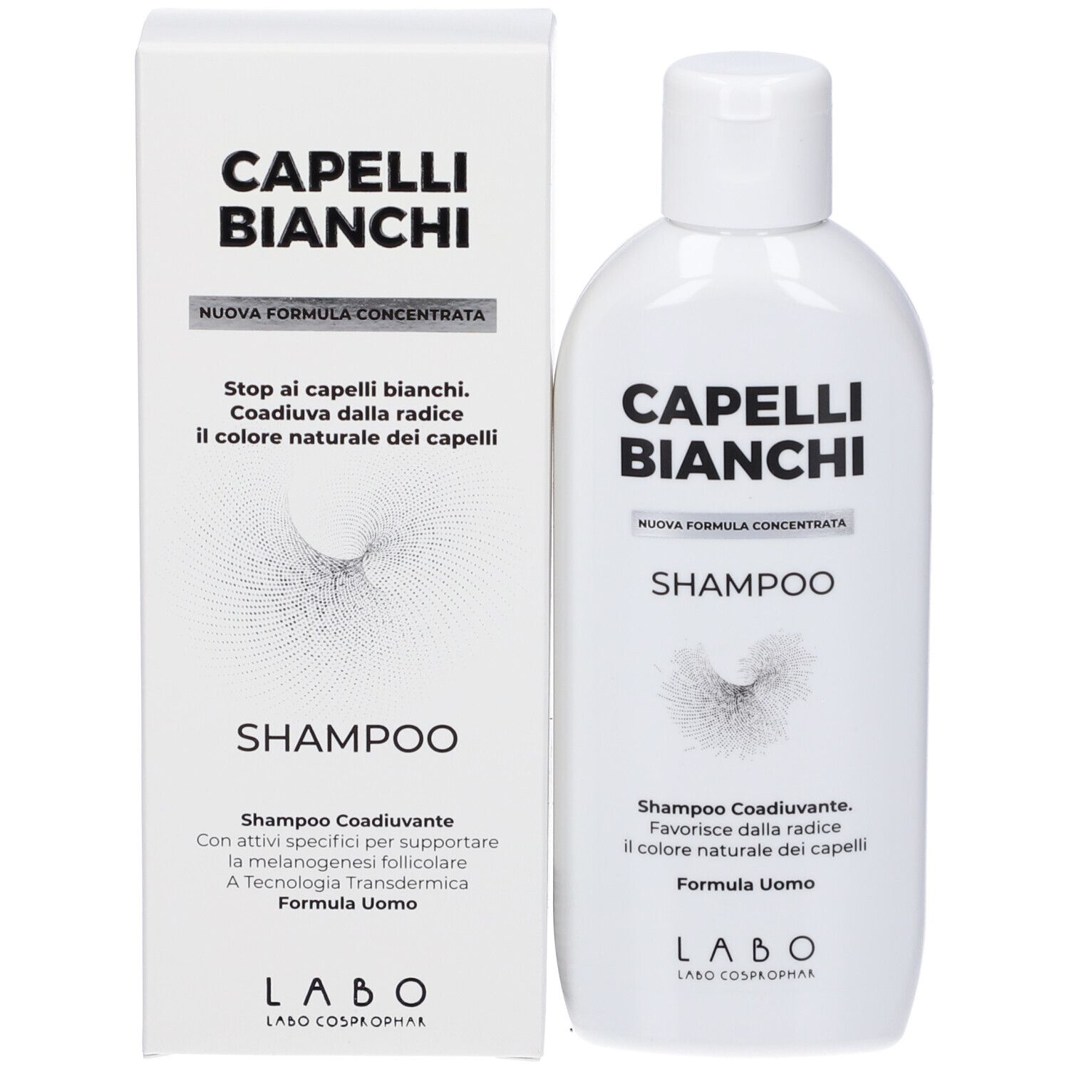 Scatola bianca e flacone bianco. Scritta: CAPELLI BIANCHI, SHAMPOO. Testo: Shampoo Coadiuvante. Logo LABO. Flacone accanto.