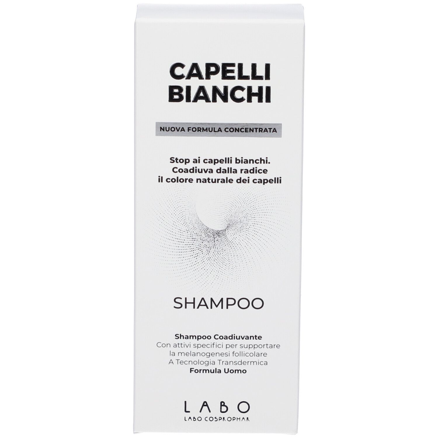 Scatola bianca. Scritta: CAPELLI BIANCHI, SHAMPOO. Testo: Shampoo Coadiuvante. Logo LABO. Testo: Formula Uomo.