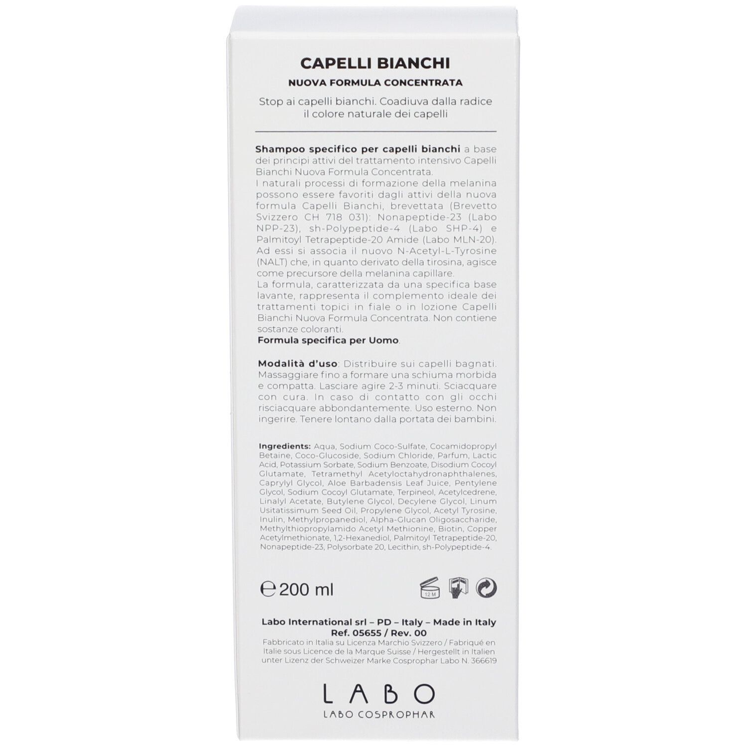 Retro di una scatola bianca. Testo: CAPELLI BIANCHI, Shampoo Coadiuvante. Testi e ingredienti. Volume: 200 ml.