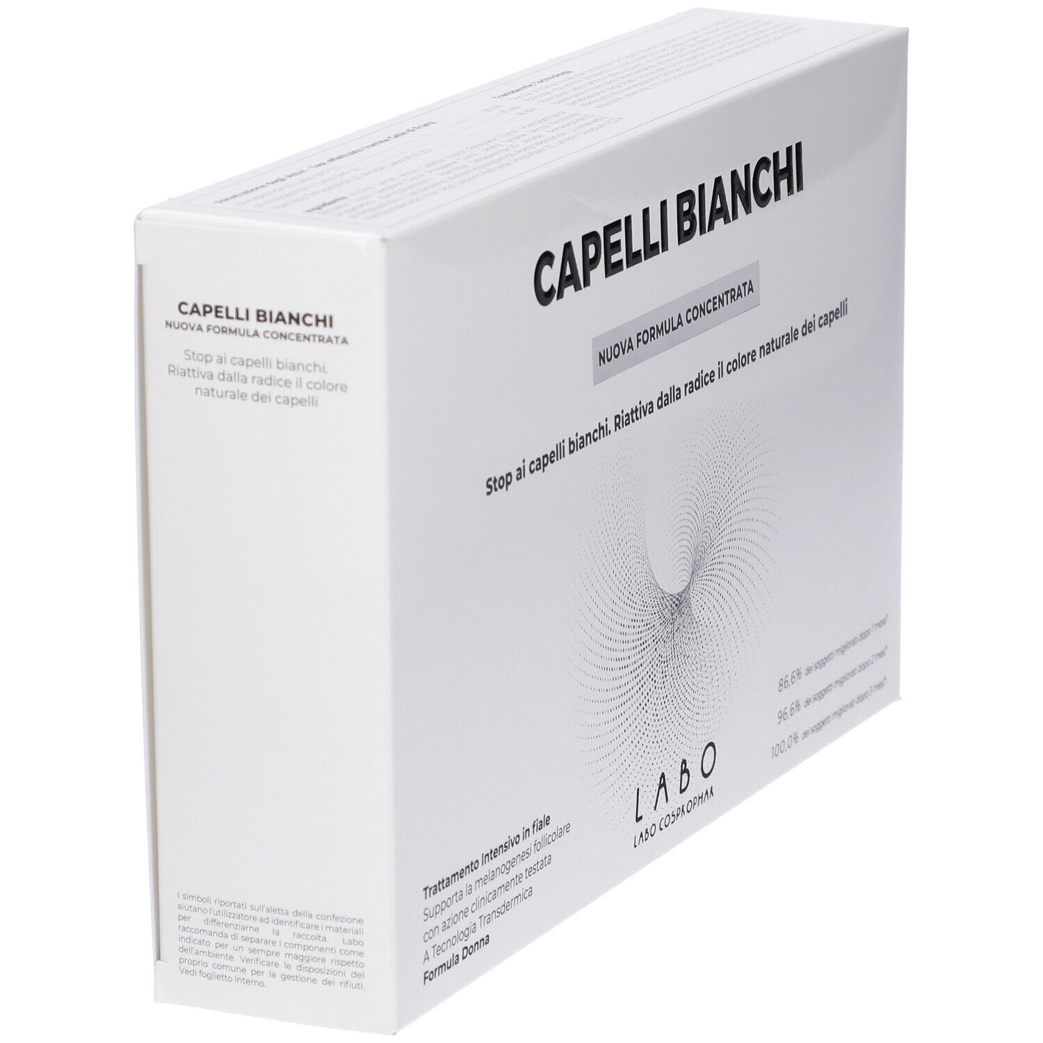 Scatola CAPELLI BIANCHI, bianca. Testo: Nuova Formula Concentrata. Logo LABO. Prodotto per la cura dei capelli.
