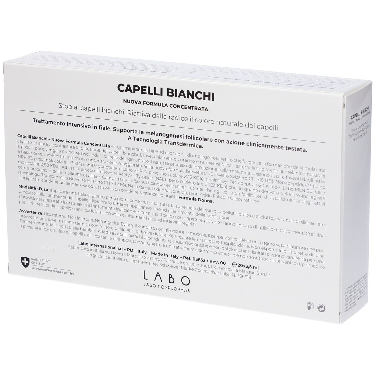 Scatola bianca con testo. CAPELLI BIANCHI. Logo LABO. Testo su ingredienti e uso. Prodotto per capelli.