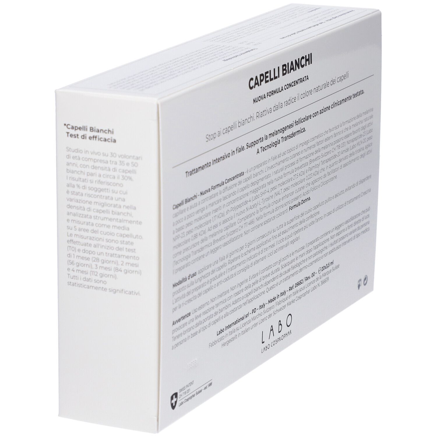 Scatola bianca, CAPELLI BIANCHI. Testo: Nuova Formula Concentrata. Logo LABO. Prodotto per capelli.