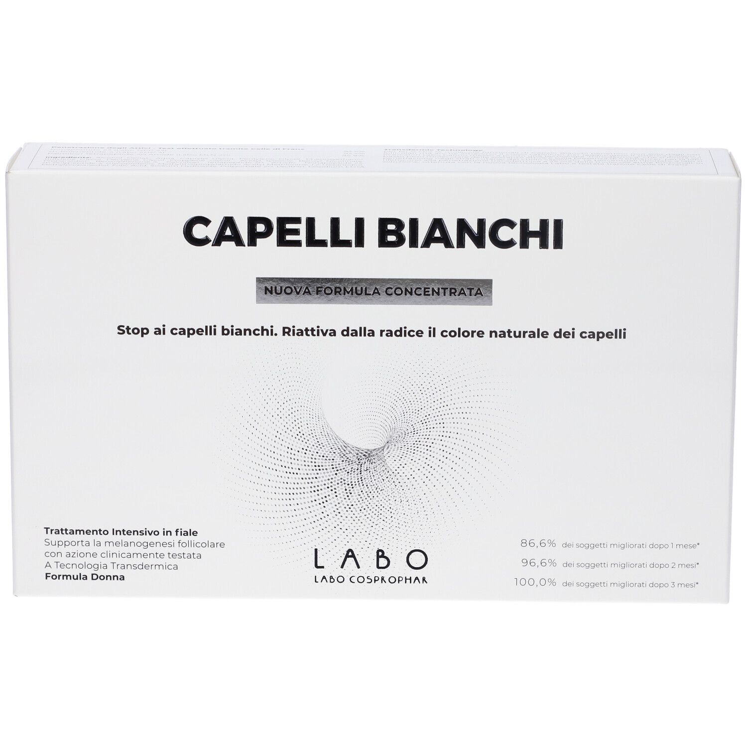Scatola bianca con scritta CAPELLI BIANCHI. Nuova Formula Concentrata. Logo LABO. Prodotto per la cura dei capelli.