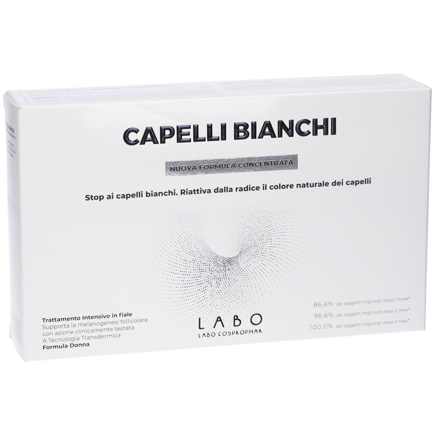 Scatola bianca con scritta CAPELLI BIANCHI. Nuova Formula Concentrata. Logo LABO. Prodotto per la cura dei capelli.