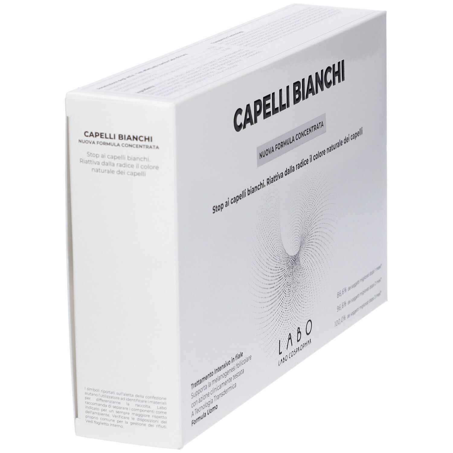 Scatola CAPELLI BIANCHI in prospettiva. Testo: Nuova Formula Concentrata. Logo LABO. Prodotto per uomo.