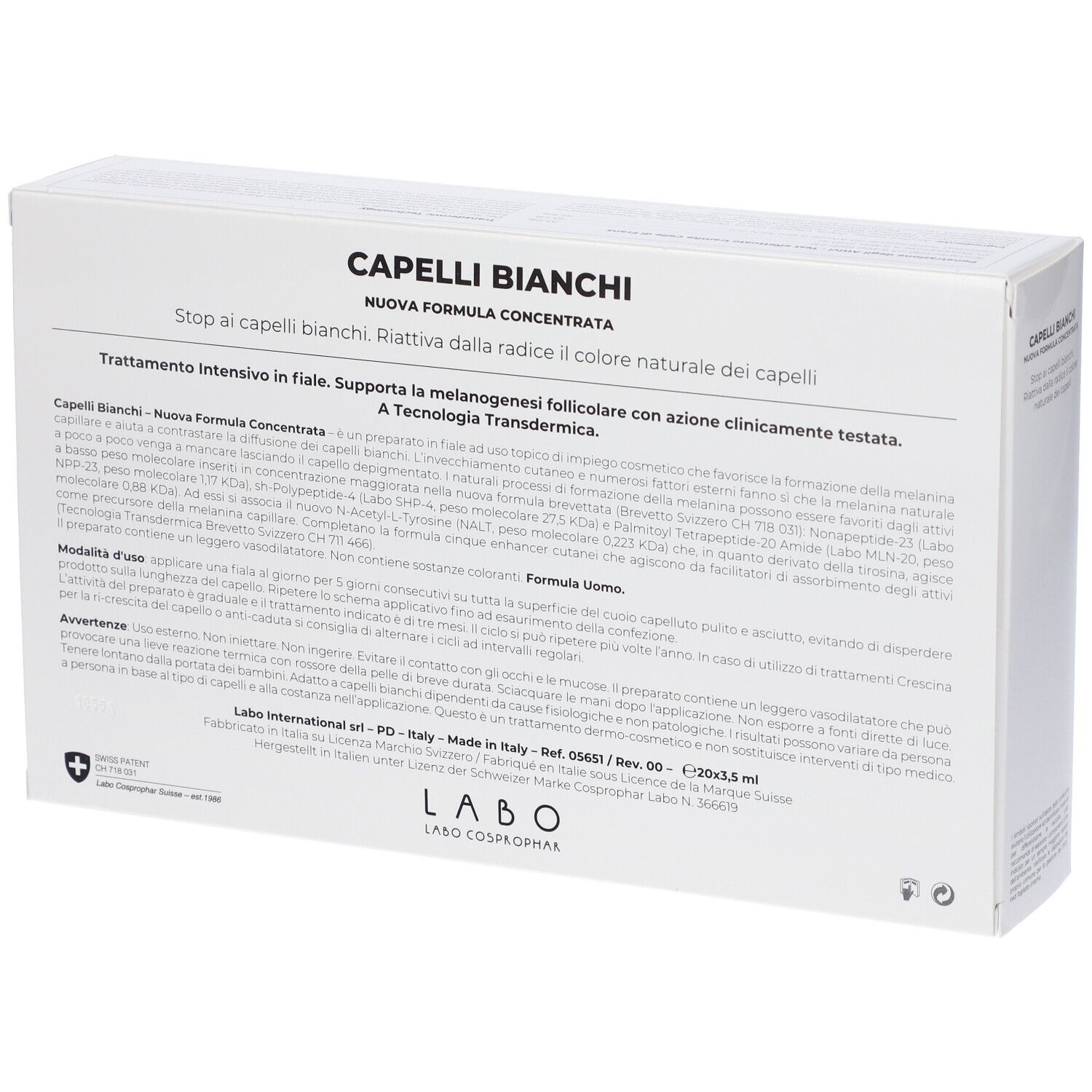Retro della scatola CAPELLI BIANCHI. Testo e logo LABO. Prodotto per uomo.
