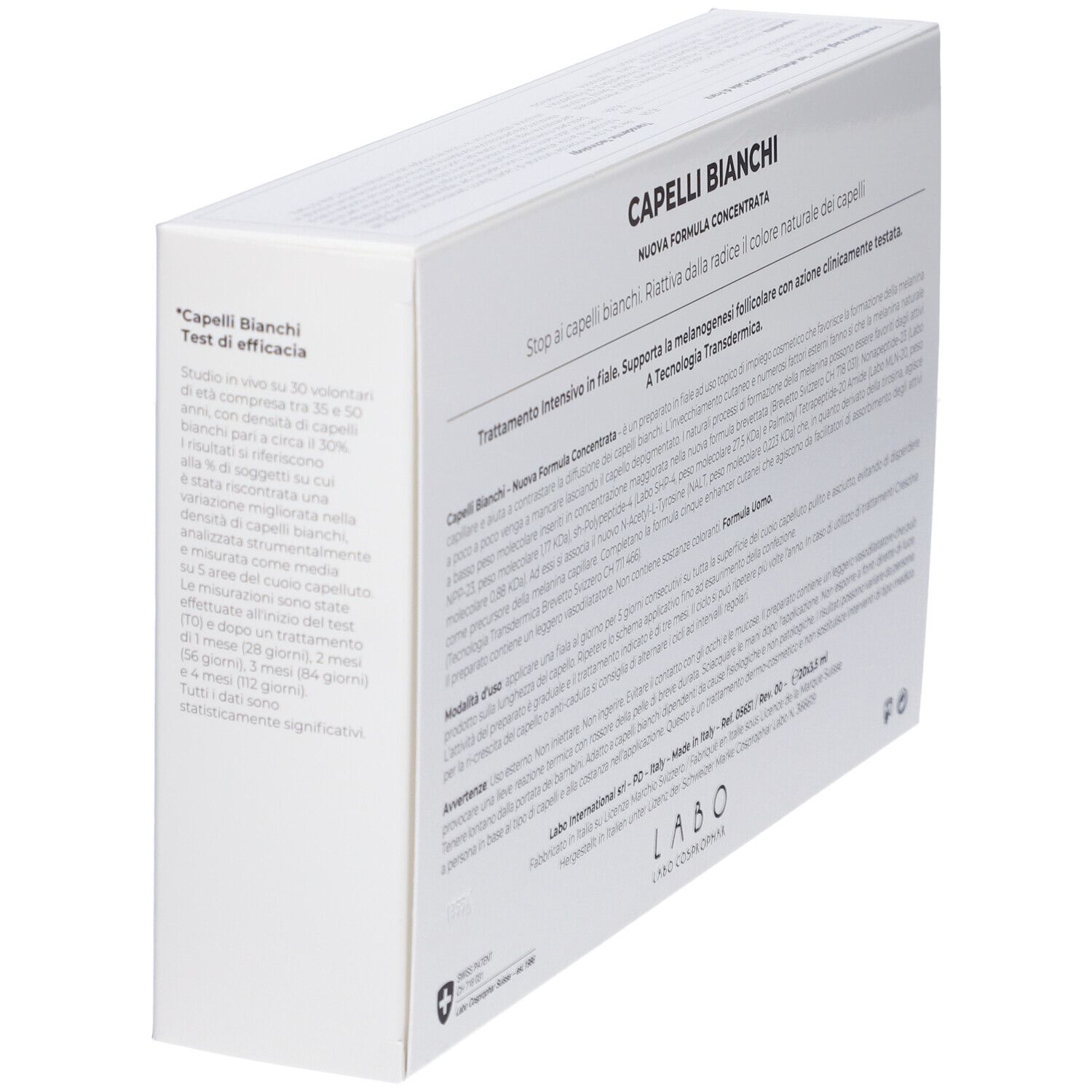 Scatola CAPELLI BIANCHI in prospettiva. Testo e logo LABO. Prodotto per uomo.