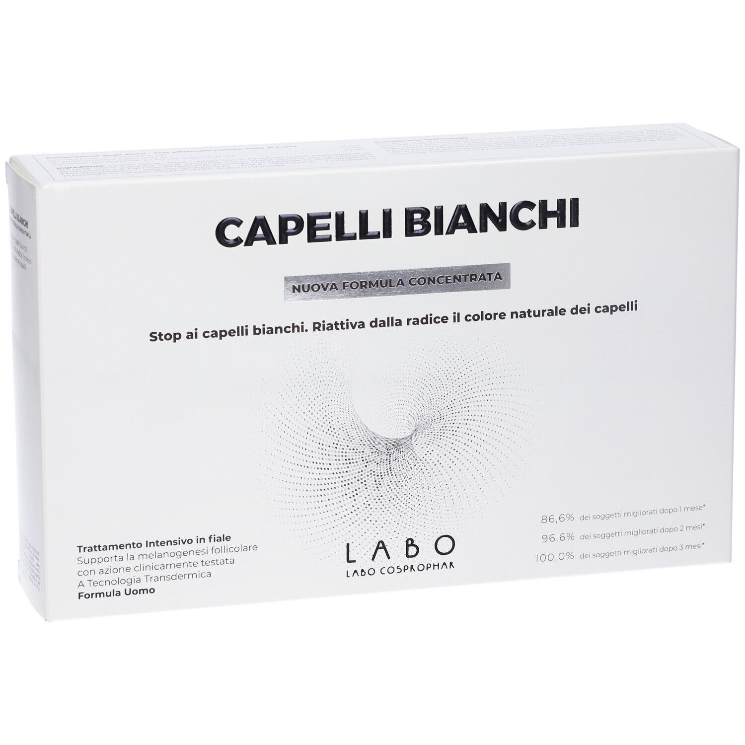 Scatola bianca CAPELLI BIANCHI. Testo: Nuova Formula Concentrata. Logo LABO. Prodotto per uomo.