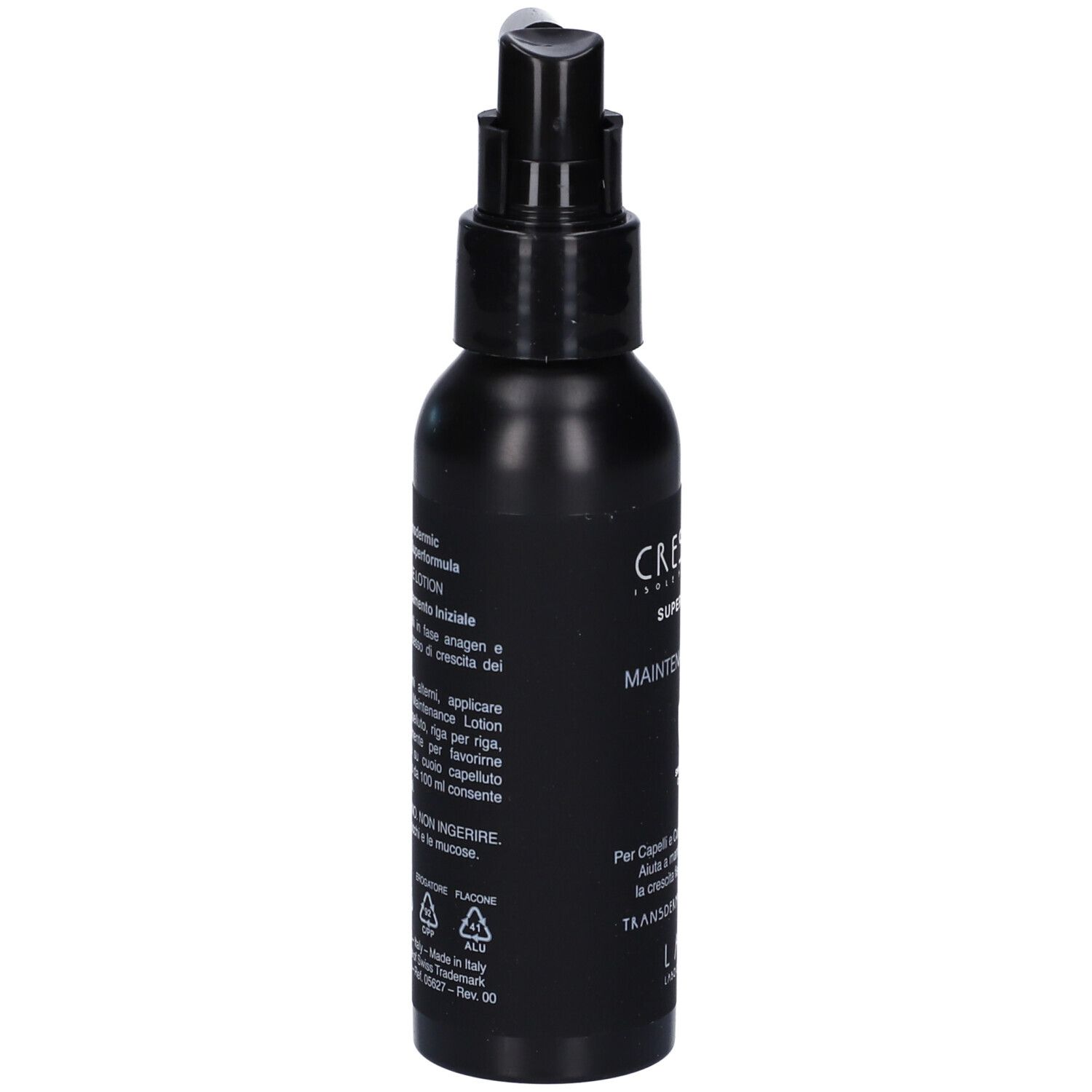 Flacone nero con applicatore. Scritte e simboli. Testo in italiano. Simboli di riciclaggio.