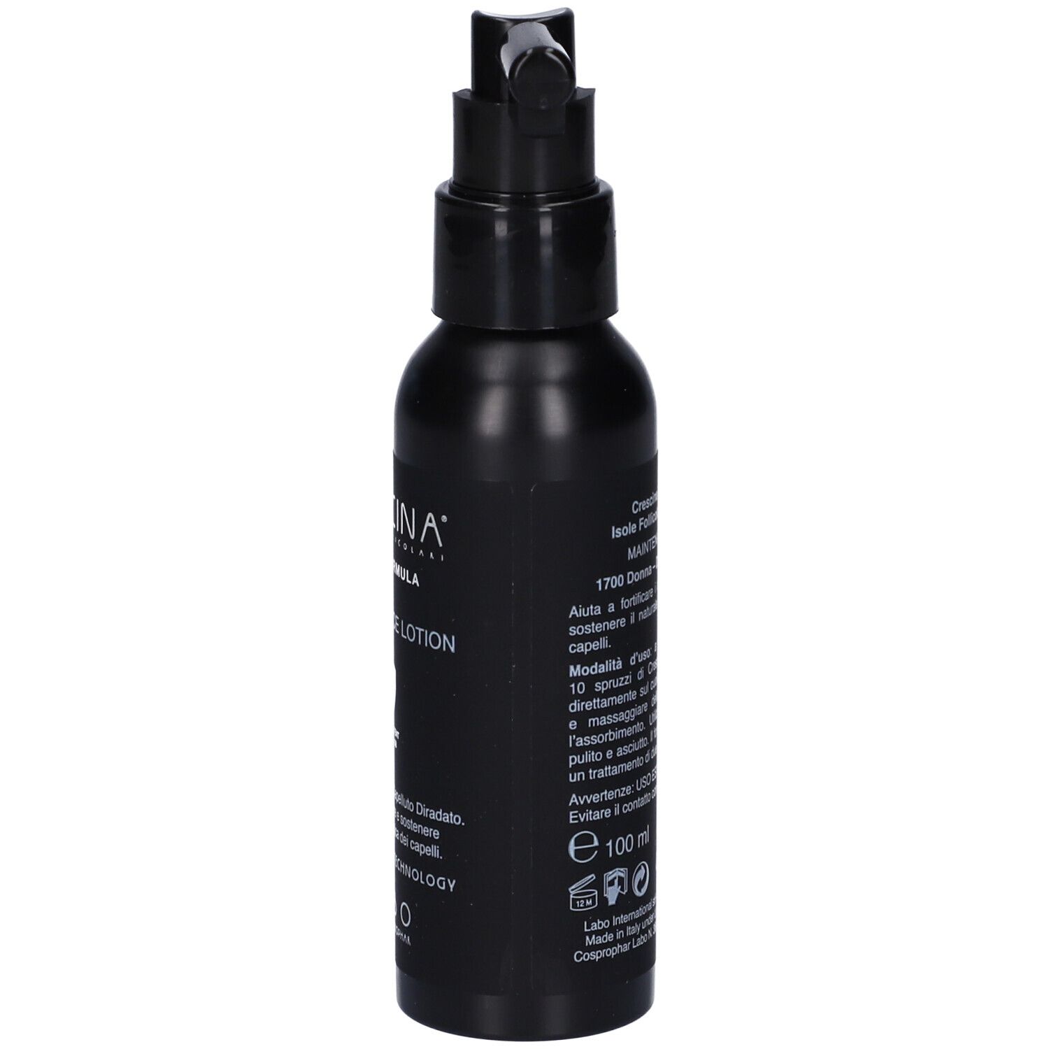 Flacone nero con applicatore. Scritta: Crescina, 1700 Donna, Maintenance Lotion. Testo in italiano.