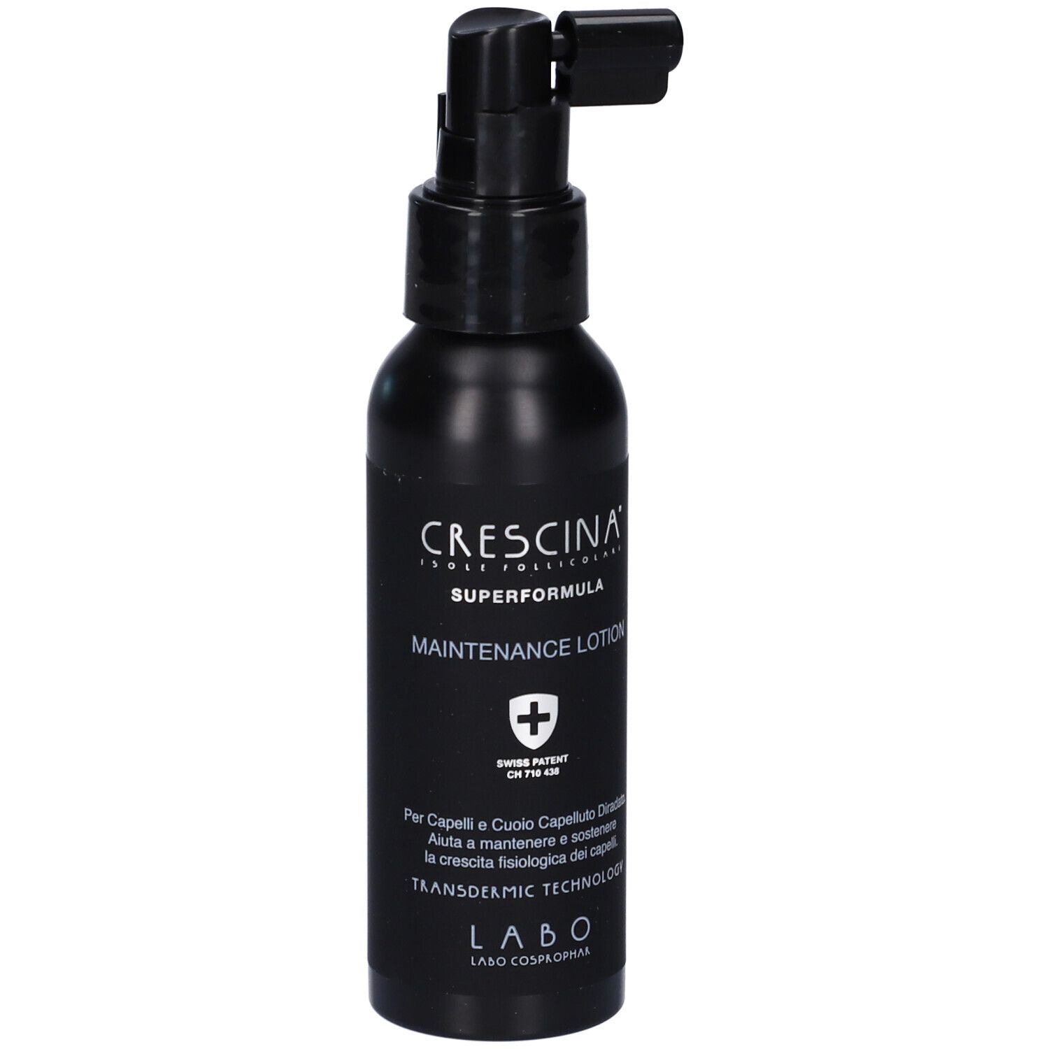 Flacone nero con applicatore. Scritta: Crescina, Maintenance Lotion, Swiss Patent. Testo in italiano.