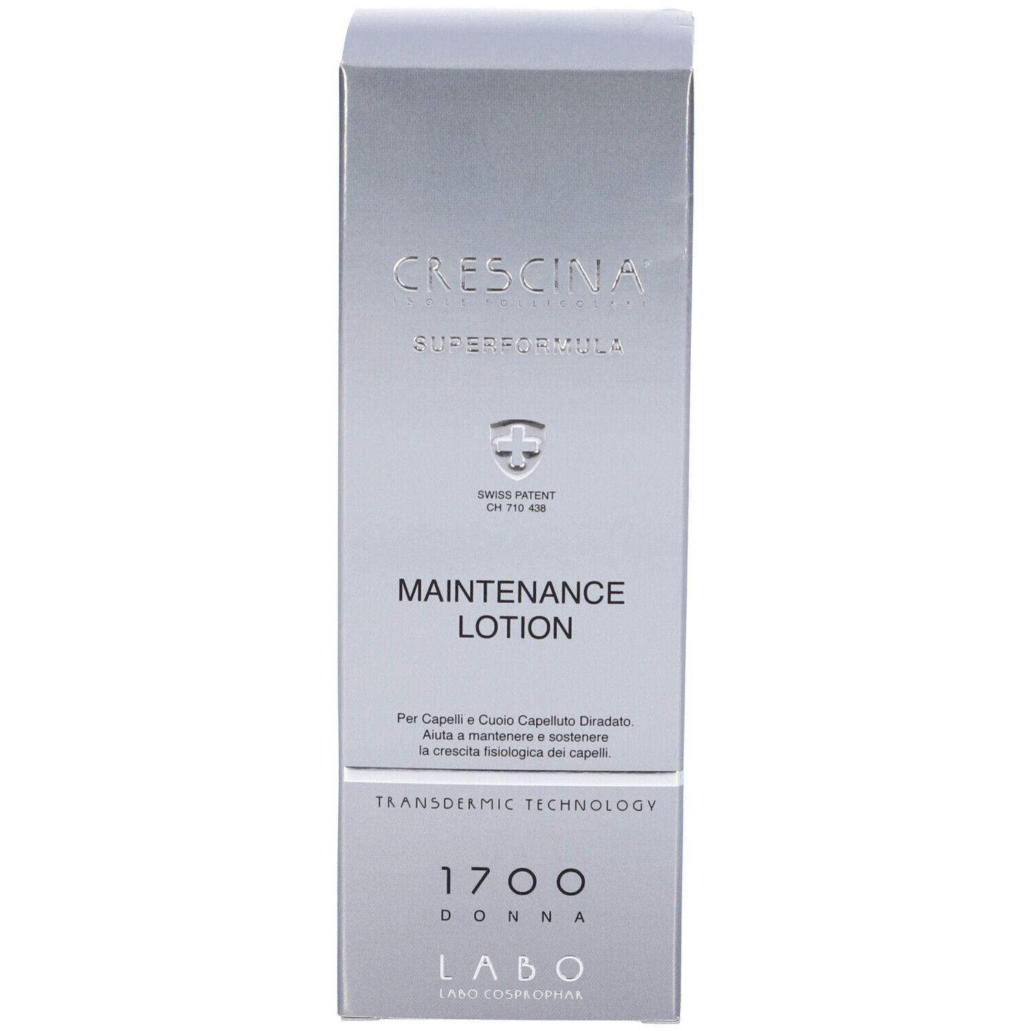 Scatola. Scritta: Crescina, Maintenance Lotion, Swiss Patent, 1700 Donna. Testo in italiano.
