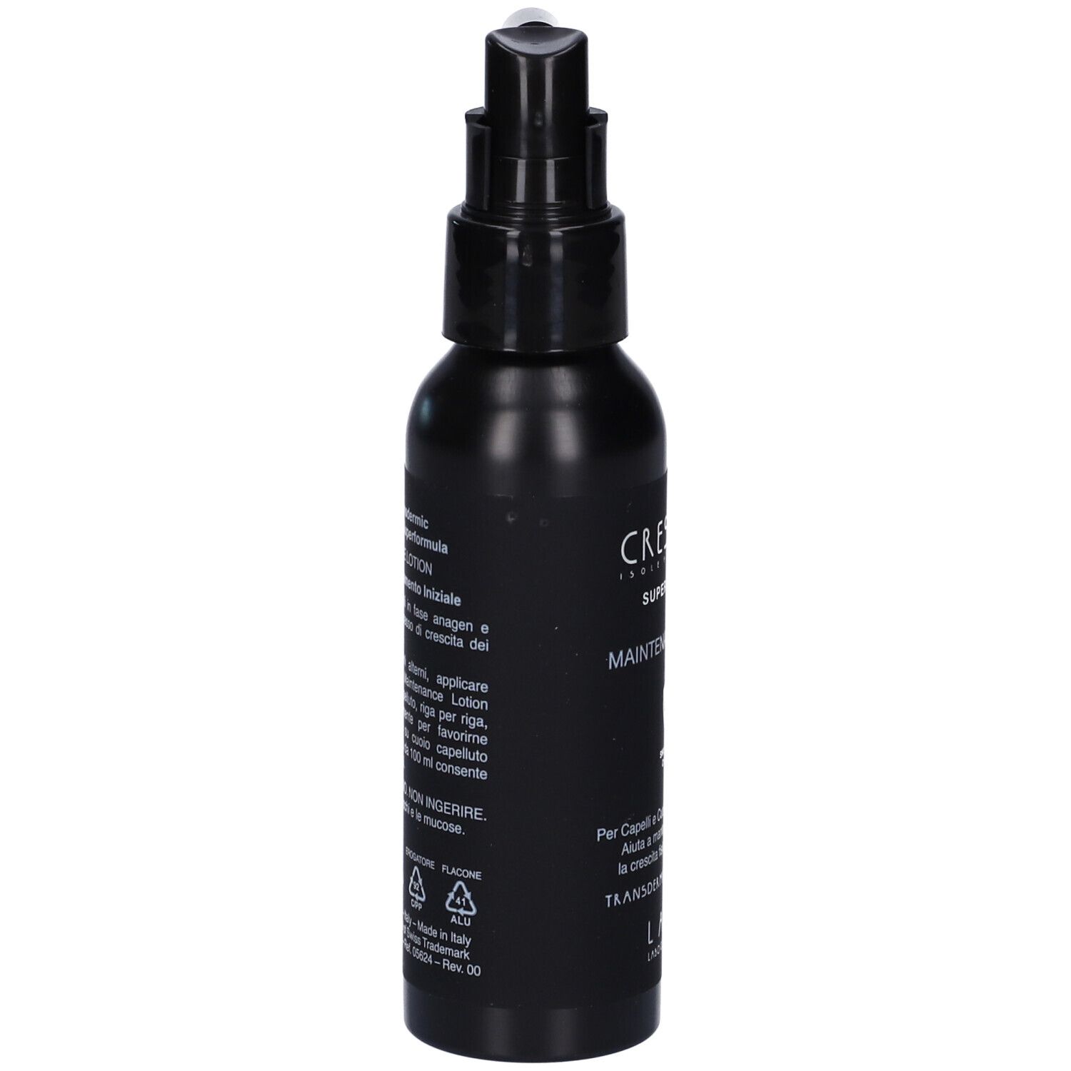 Flacone nero con erogatore spray. Scritte e simboli di riciclo. Testo in italiano.