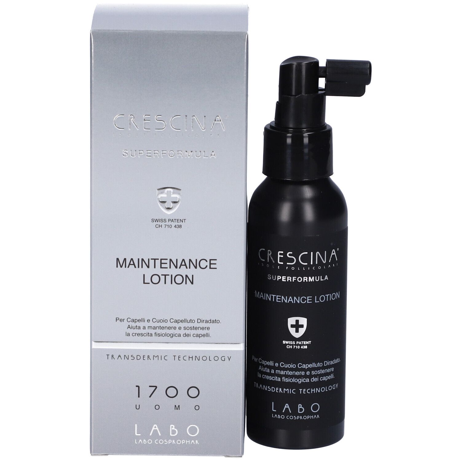 Flacone nero e scatola argentata. Scritte: Crescina, Maintenance Lotion. Brevetto svizzero. Labo. 1700 Uomo.